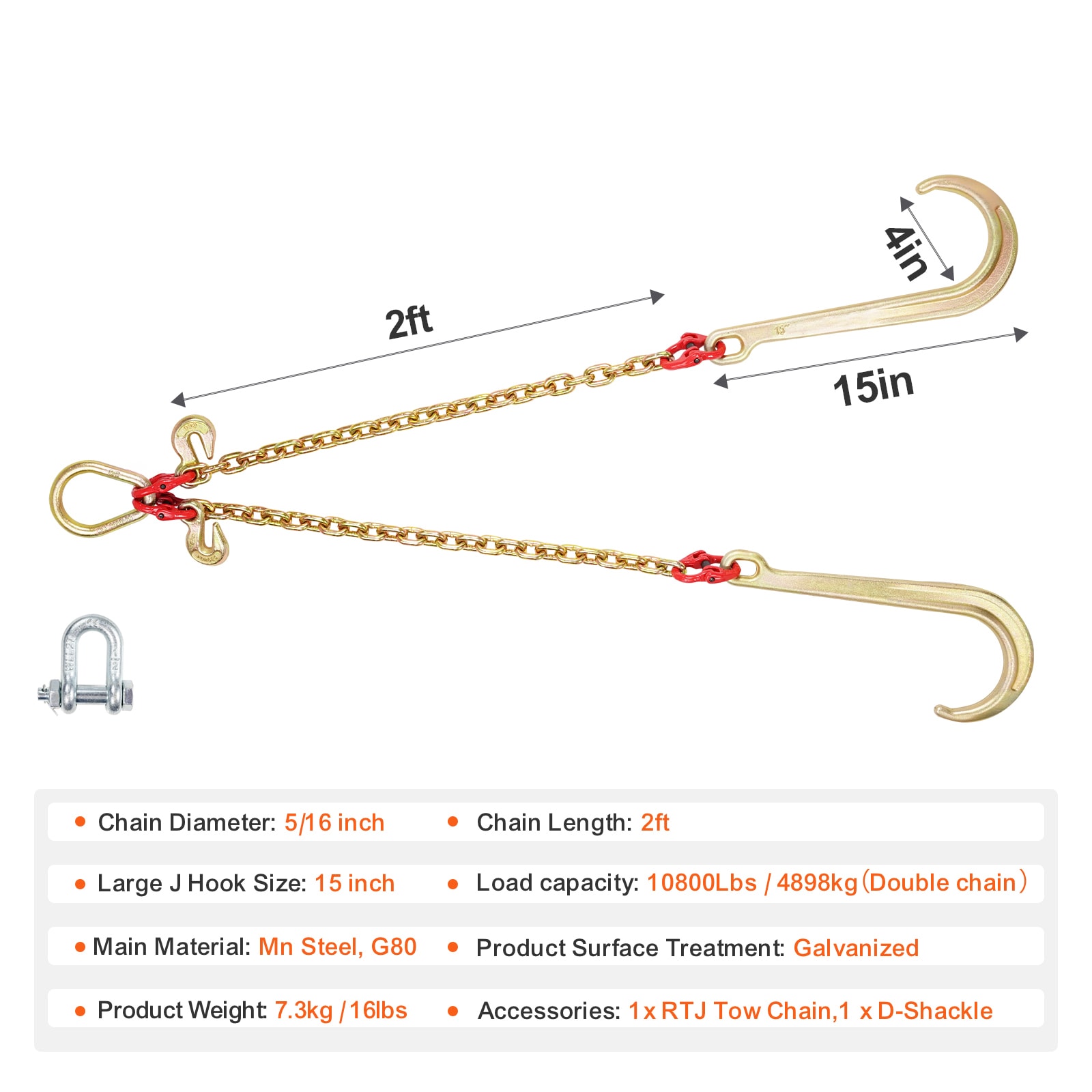 High-end 5/16" X 2' G70 Tow Chain J-Hooks V-Chain Flatbed Truck