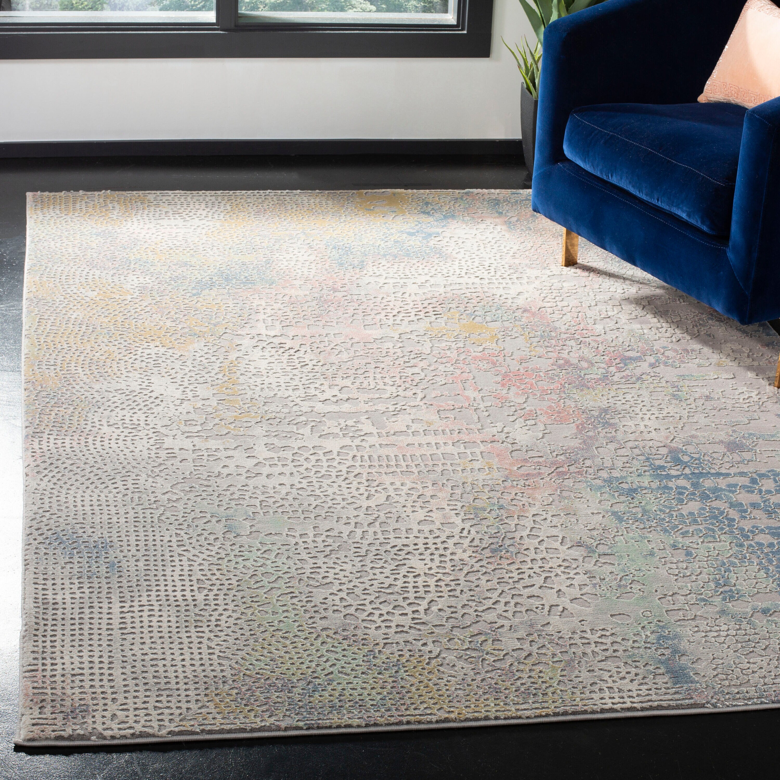 Meadow 100 8 x 10 (ft) Loomed Polyester Gray/Gold Rectangular Indoor Abstract Mid-Century Modern Professionally Clean Only Area rug