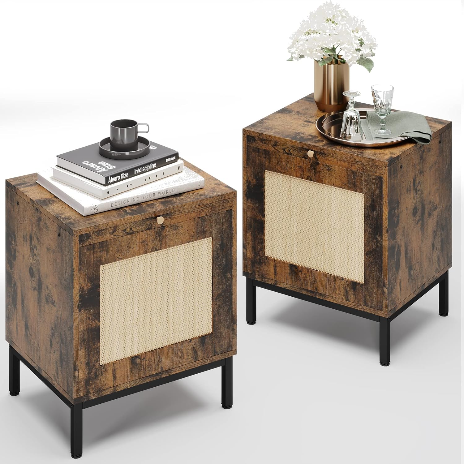 Qeetex LHF-BZ-PHO-0XND76IS Rattan Night Stands Set 2 Modern Farmhouse Pattern Side Table End Table with Tray Sofa Table with Storage Shelf for Entryway Bedroom Living Room - Brown