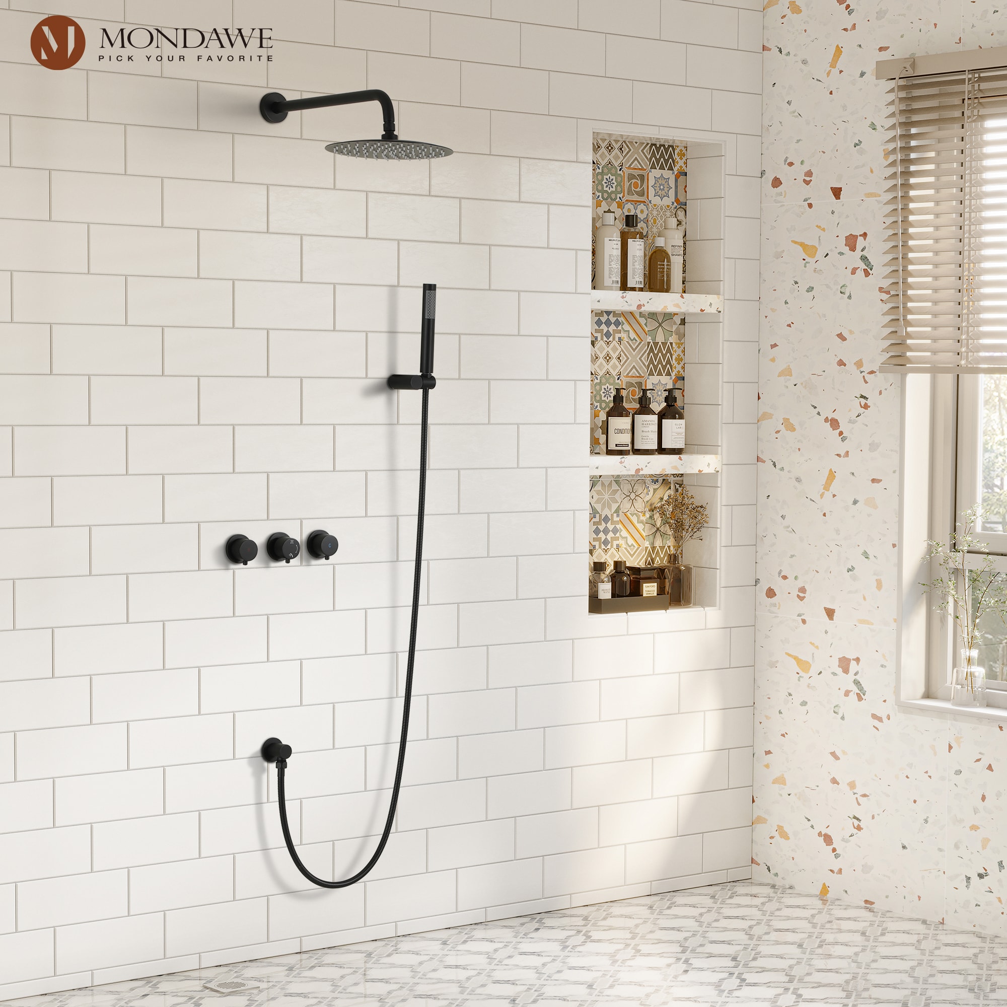 Mondawe Matte Black Dual Head Waterfall Built-In Shower Faucet System ...