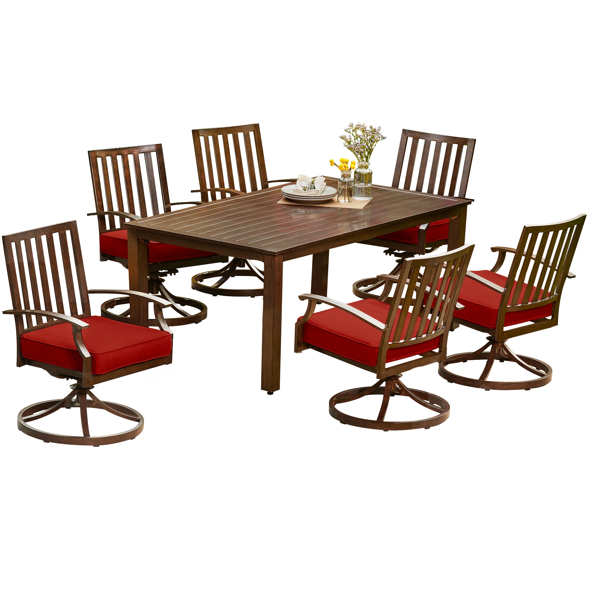 Royal Garden LAKDST723 Forest Glen 7 -Piece Brown Woodgrain Patio Dining Set Aluminum Rectangle Table with 6 Red Cushions Swivel Chairs