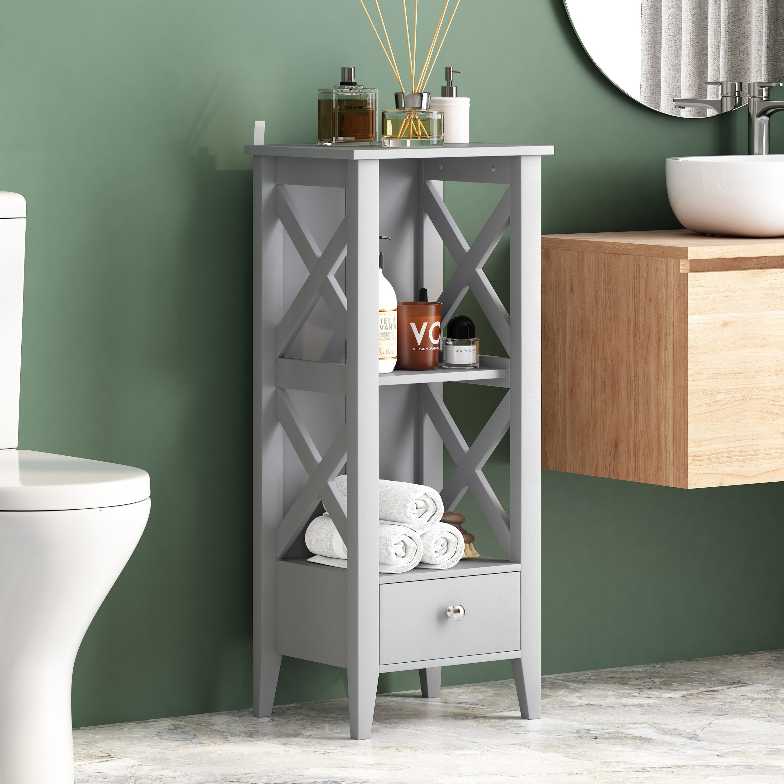 AAZJ NBO-70697GRY Linen Cabinets 15.75-in x 36.5-in x 12.5-in Gray Freestanding Corner Linen Cabinet