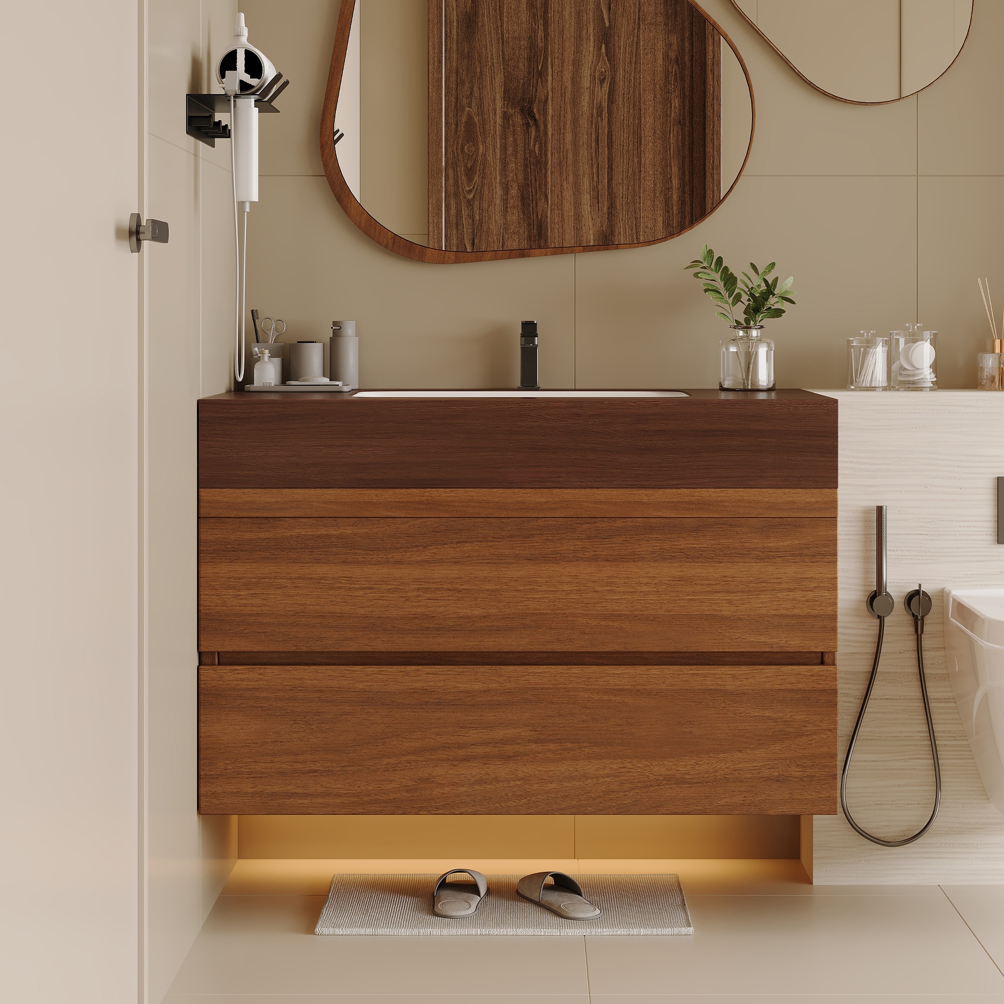 Vynxaria 29.9-in Walnut Wall-Mounted Bathroom Vanity with Walnut Top, Rectangular Undermount Ceramic Sink, 2 Drawers