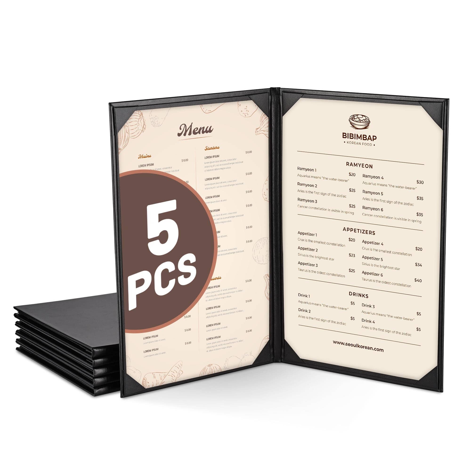 Yescom 26MNC032-814B2-06-LO WeChef 5 Pack Menu Covers 8.5X14IN 2 Views Faux Leather Cafe Restaurant Bars