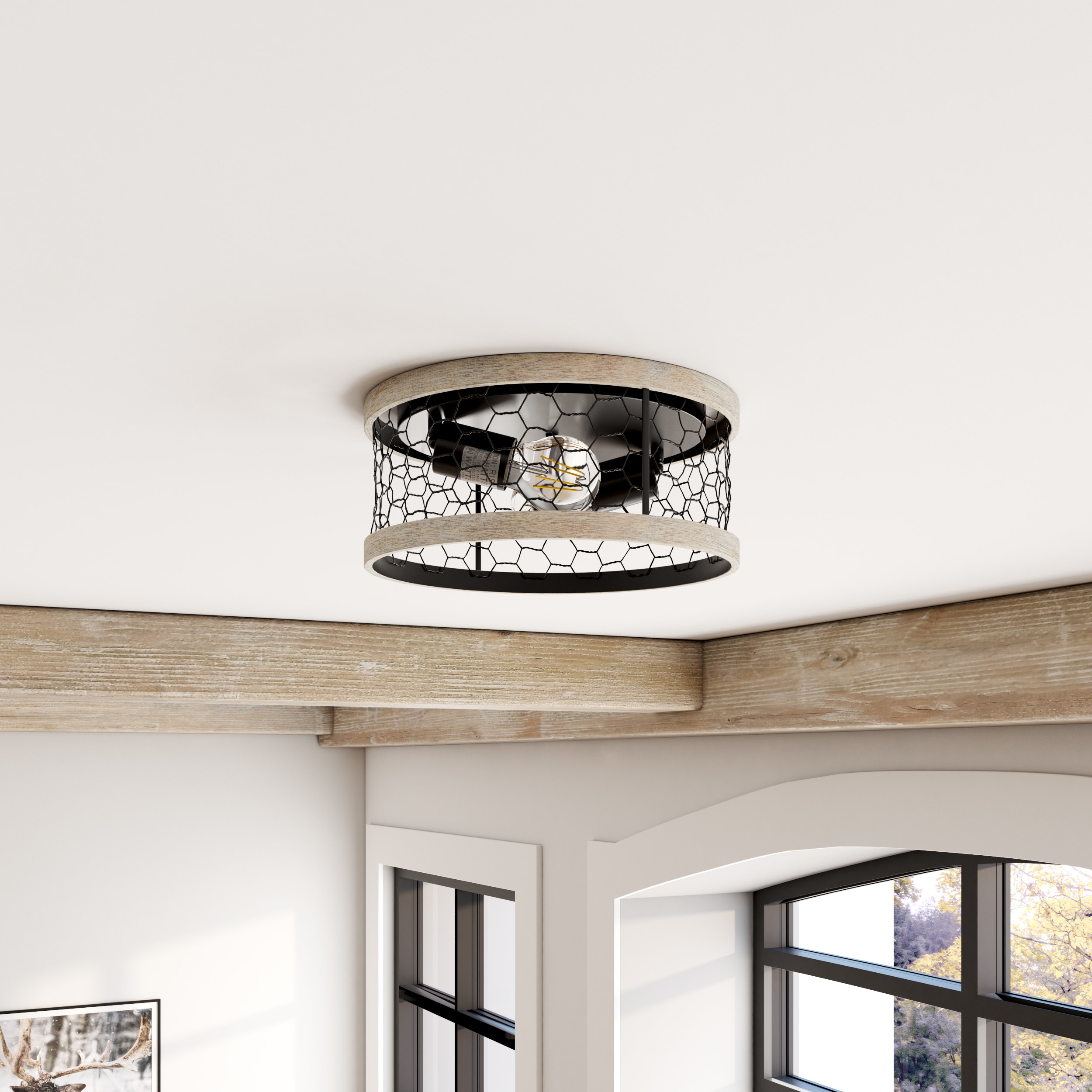 Matte Black Rustic Glass Drum Flush Mount Light