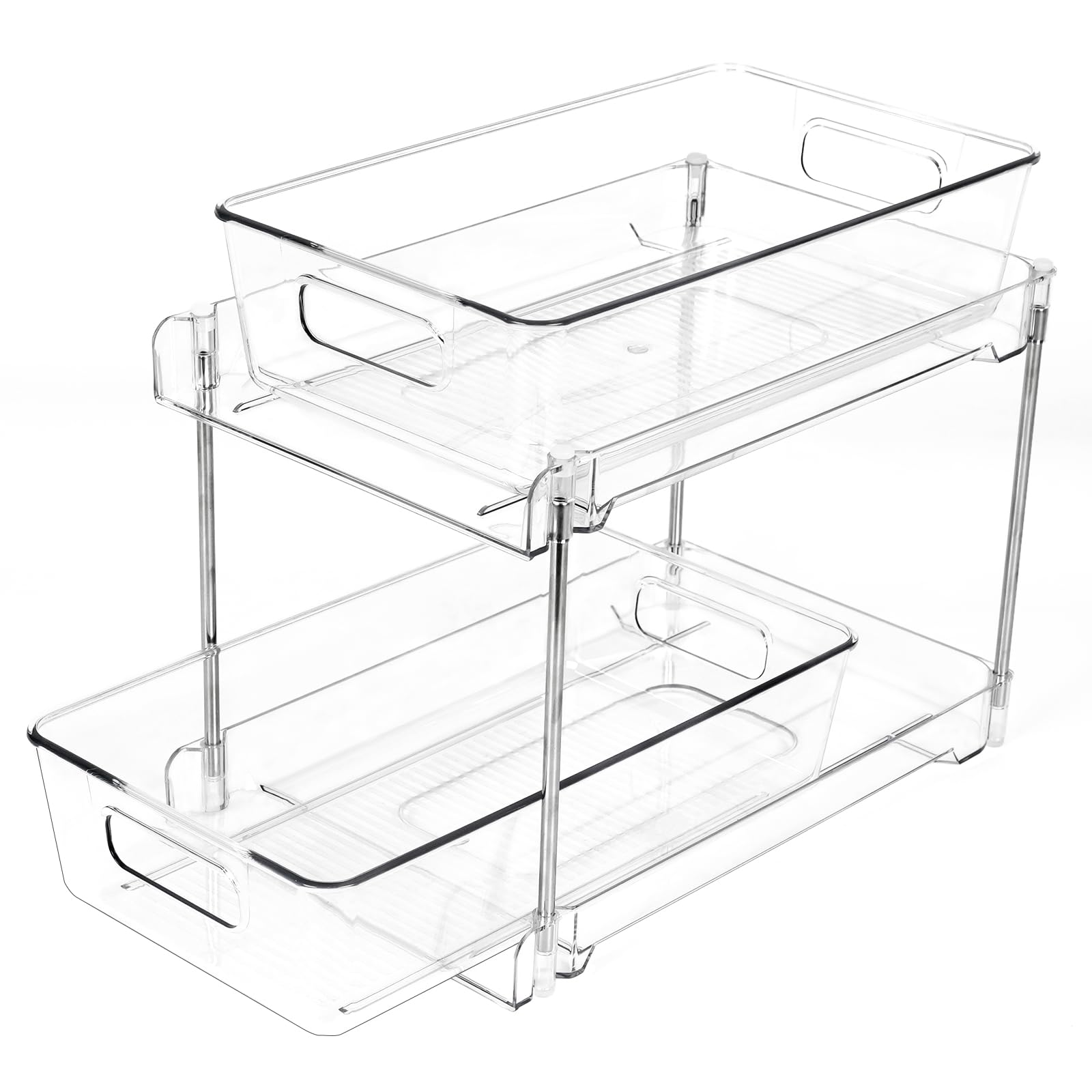 UUDULY  1 pack 2 tier clear bathroom organizer with pull out drawers for under sink kitchen pantry cabinet storage sturdy plastic and steel