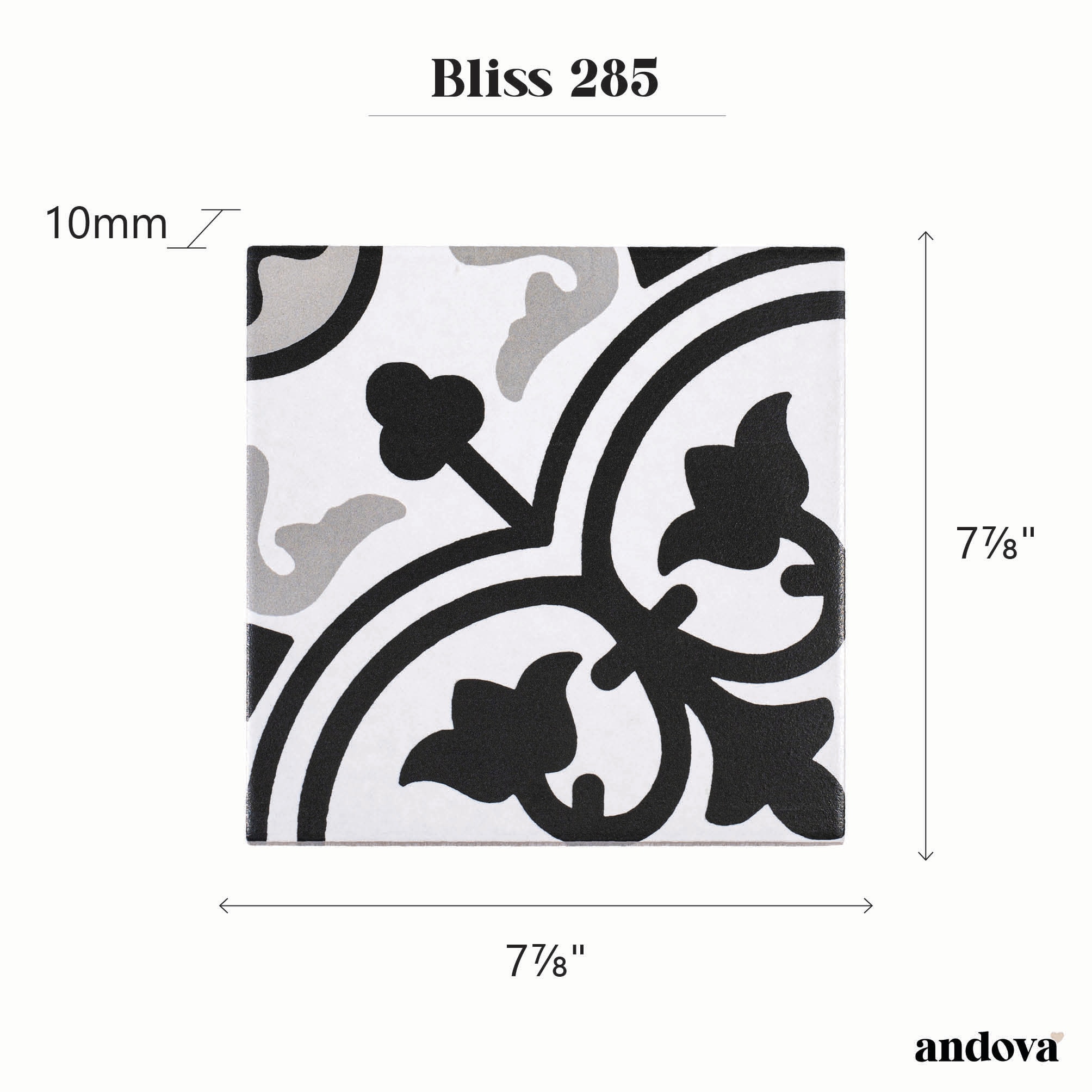Bliss 8" Black and White Porcelain Patterned Tile
