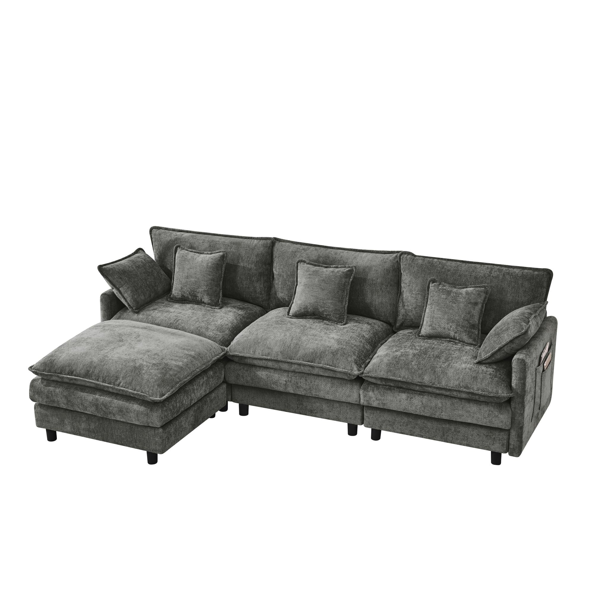 101.9In Gray Cashmere Modular Sofa 3 Seater with Movable Footstool
