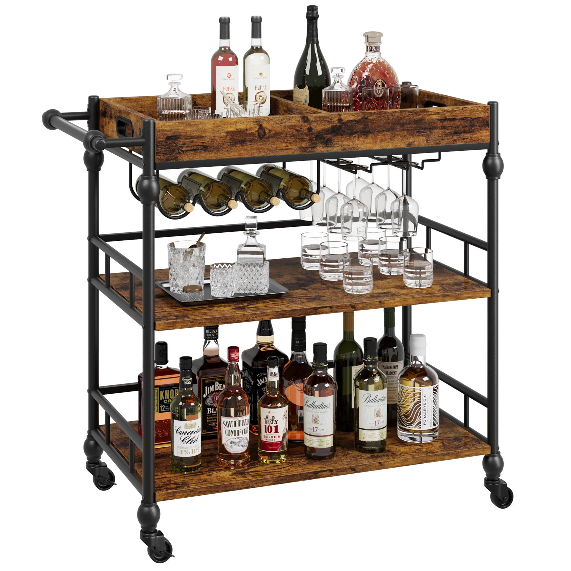 Garvee PDVG9QLLOQ 3 Tier Industrial Bar Cart with Wine Rack Glass Holder Removable Tray Rolling Serving Cart for Kitchen Living Room Dining Room Retro