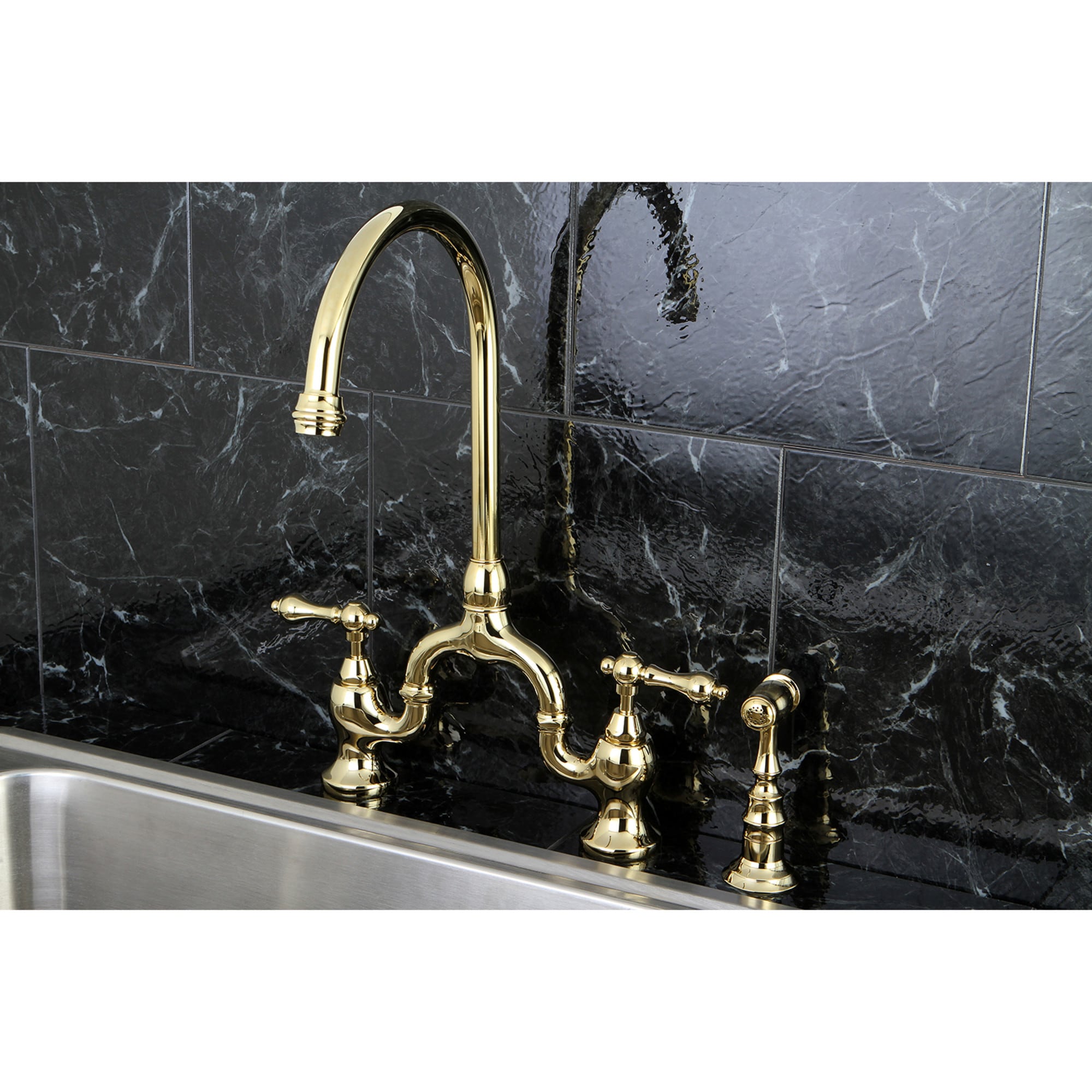 Kingston Brass WLKS7792ALBS English Country Polished brass Double Handle Deck-mount Bridge Kitchen Faucet with Sprayer ( Side Sprayer Included )