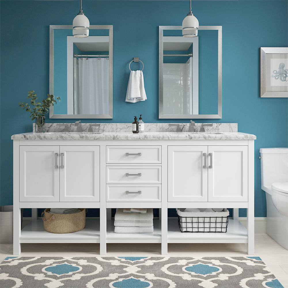 Design Element AF-72-WHI Affinity 72-in White Undermount Double Sink Bathroom Vanity with White W/ Gray Veins Marble Top