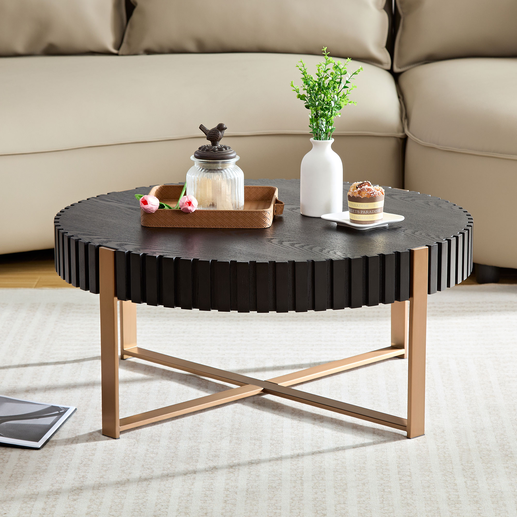 Tatayosi T-2P167649 Modern Handcraft Drum Coffee Table Round Coffee Table for Living Room Small Coffee Table with Sturdy Pedestal Black