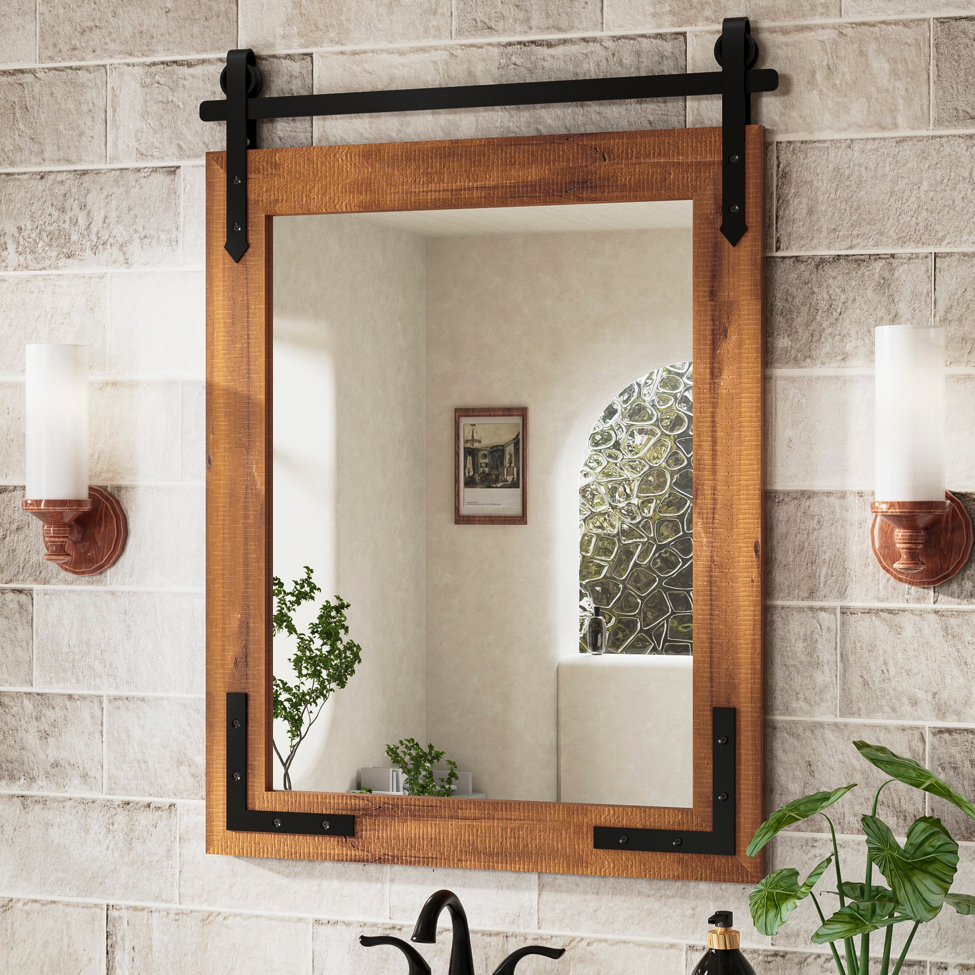 Keonjinn LW-GCJ-5071-BW Farmhouse Wall Mirrors 20-in W x 28-in H Rectangle Brown Framed Wall Mirror