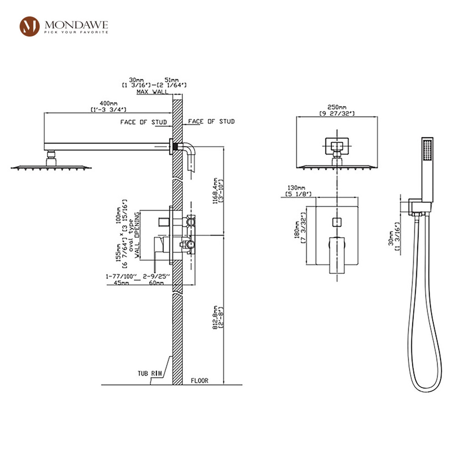 Mondawe AM-S0082C-10MB Showerhead-Bar-Panels - View #9