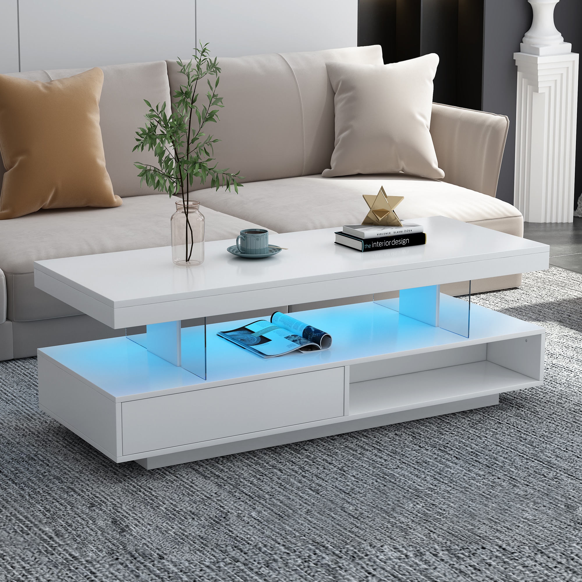 ModernLuxe L3P-WF307038AAK LED Coffee Table with Storage Modern Center Table with 2 Drawers and Display Shelves Accent Furniture with LED Lights for Living RoomWhite