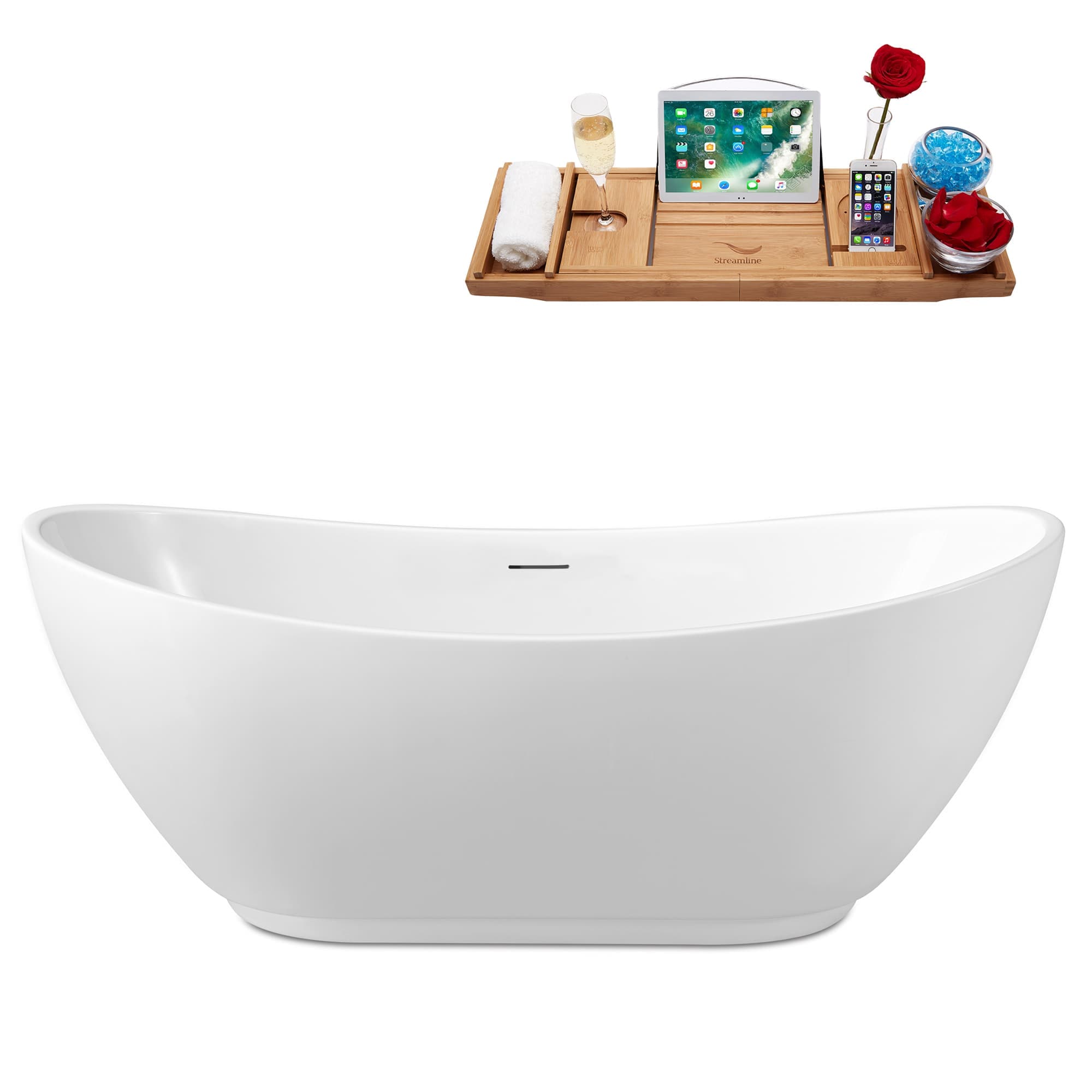 Streamline 62 inch  Soaking Freestanding Tub and Tray With Internal Drain in Polished Brass