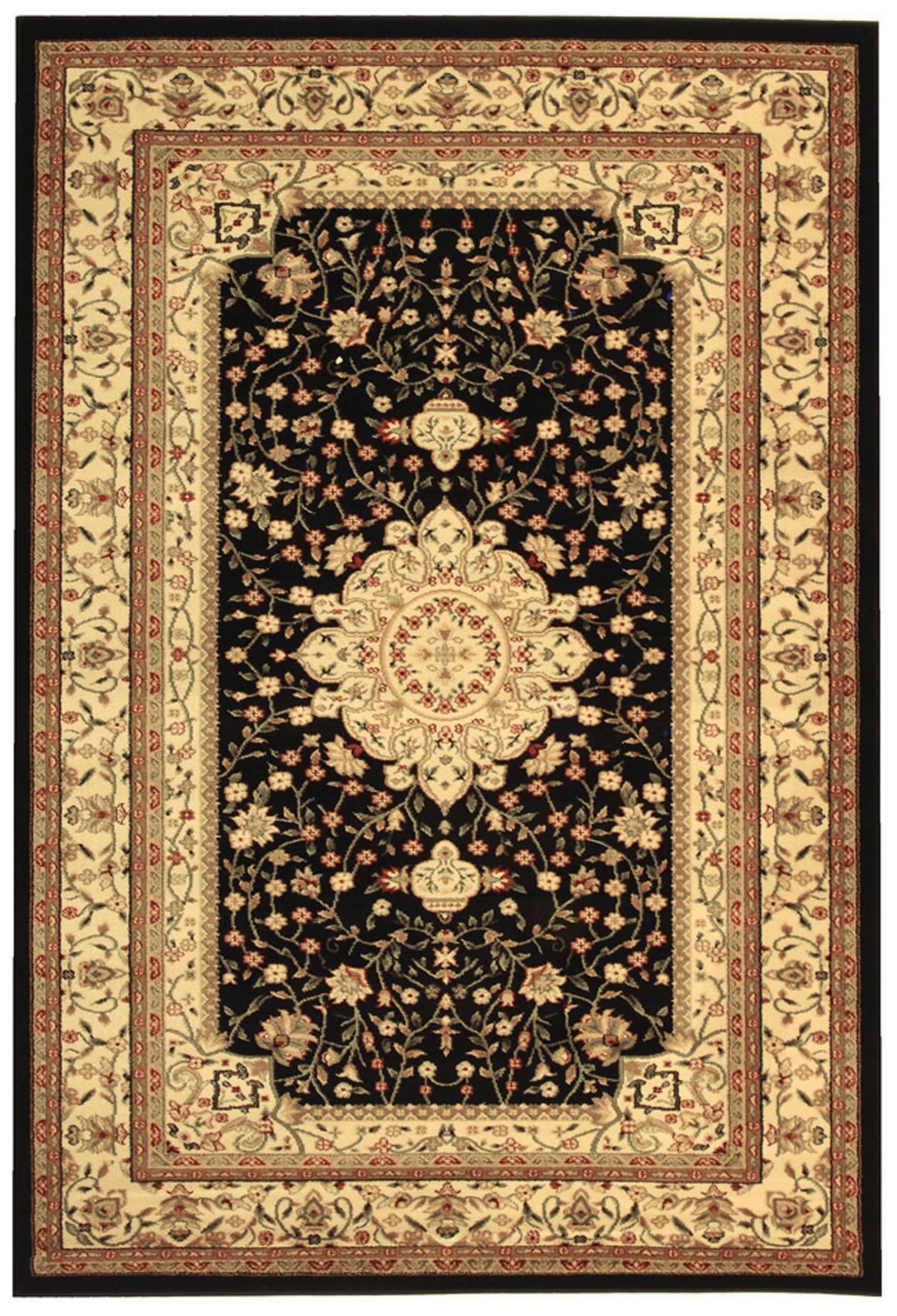 Black and Ivory Synthetic Safavid Style Circular Area Rug
