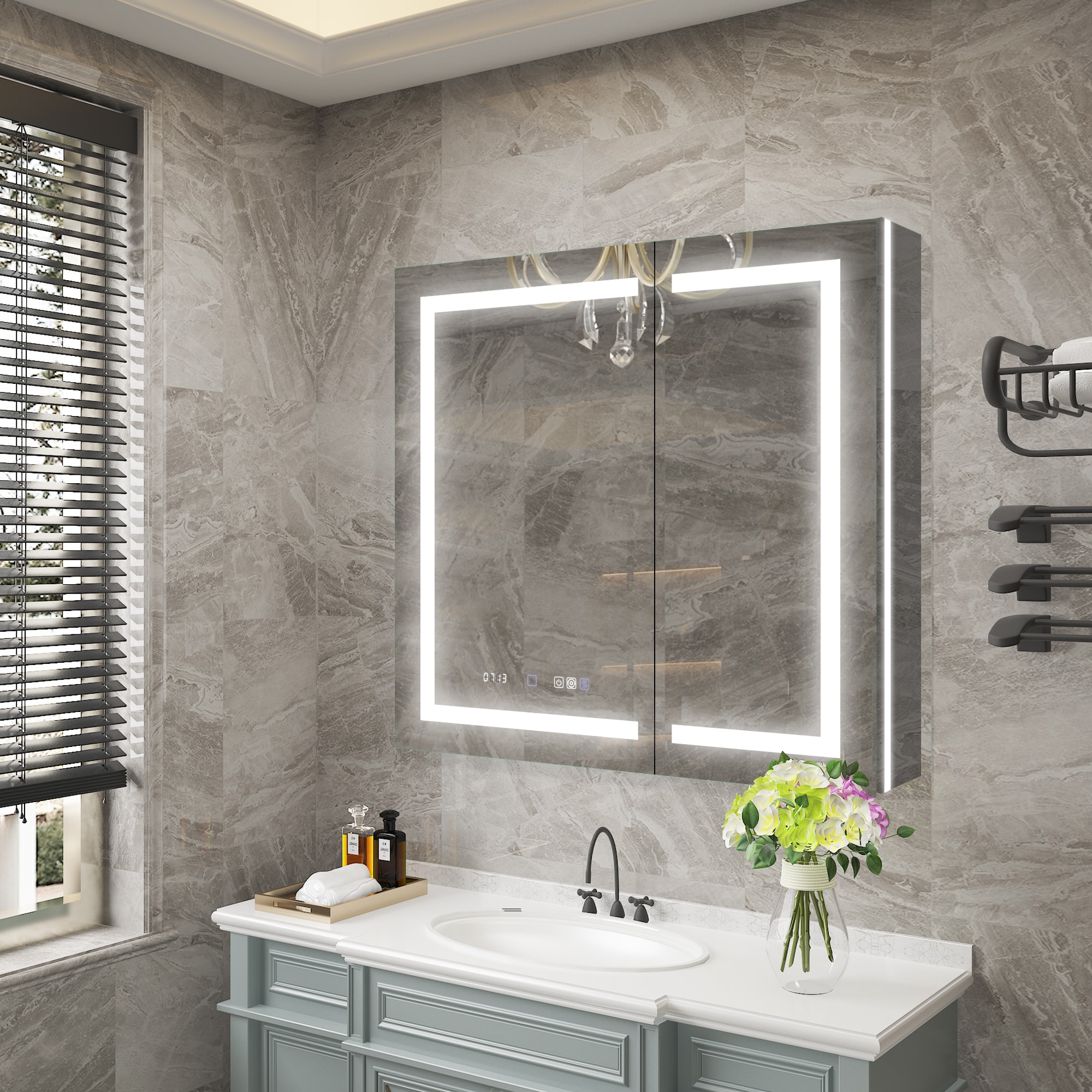 WELLFOR BCB2124WH-SL V11 36-Inches x 36-Inches Lighted LED Fog Free Surface/Recessed Mount Silver Mirrored Square Soft Close Medicine Cabinet with Outlet
