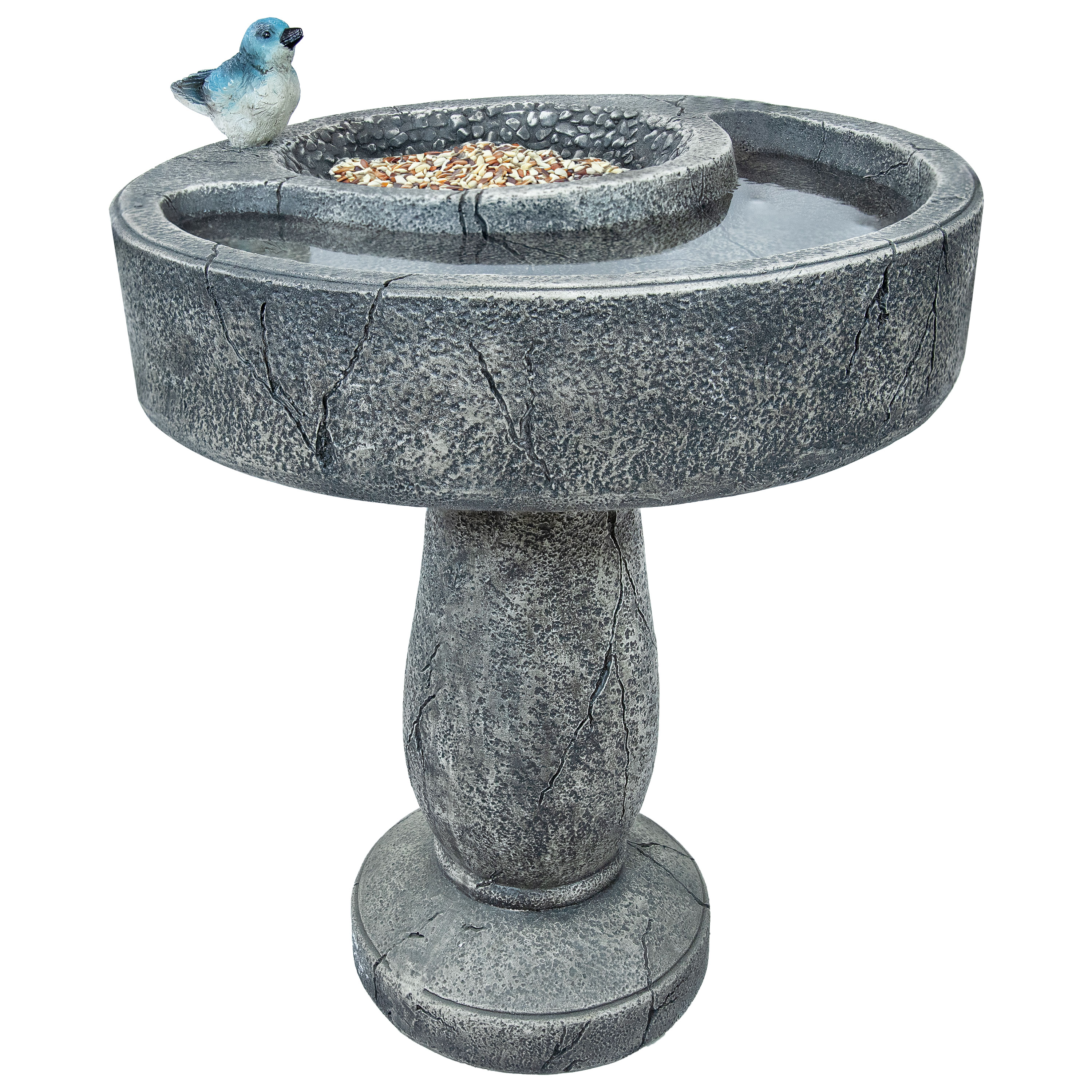 Gray Polyresin Bird Bath with Feeder Compartment, 27" Tall