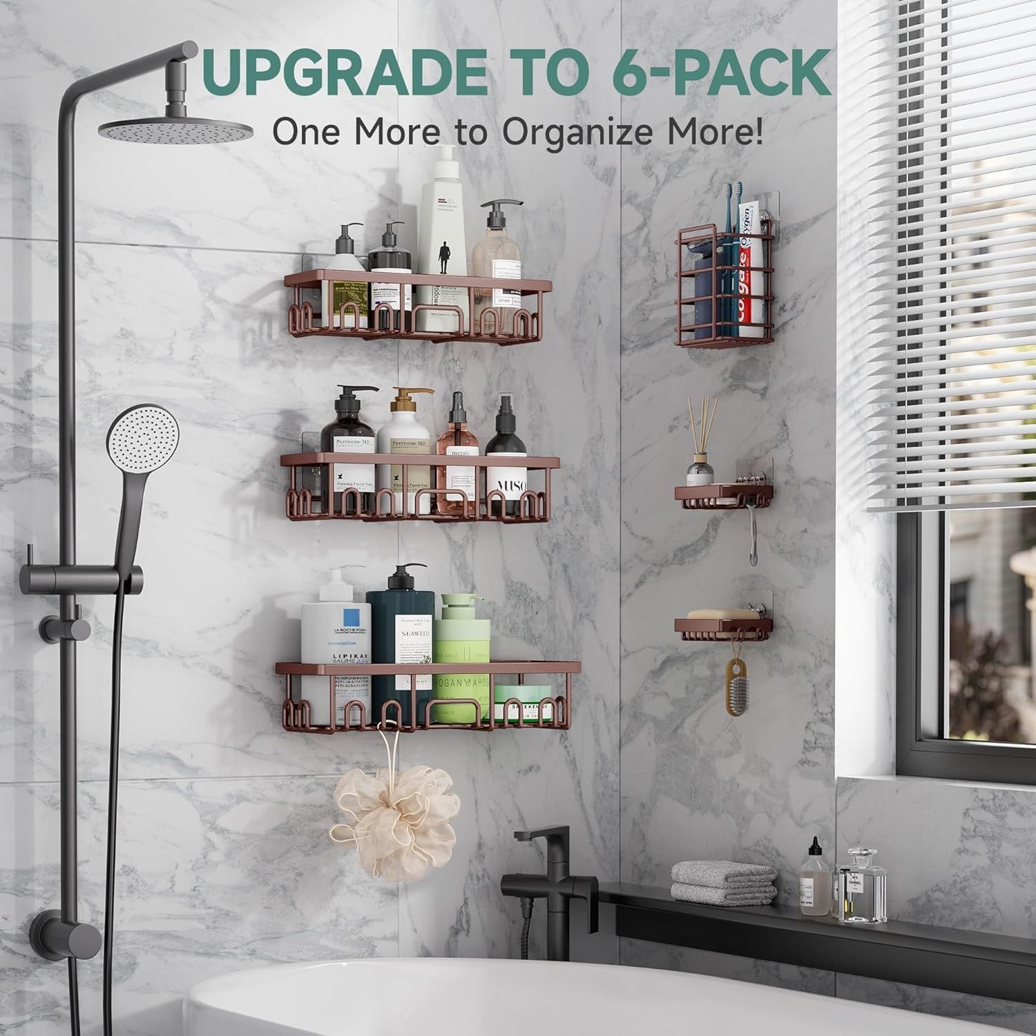 JUSHUA Shower Caddy 6-Pack No Drilling Rustproof Waterproof Adhesive Shelves Rack with Soap Holder Large Capacity Bathroom Organizers and Storage Wall-Mounted Kitchen Home Decor