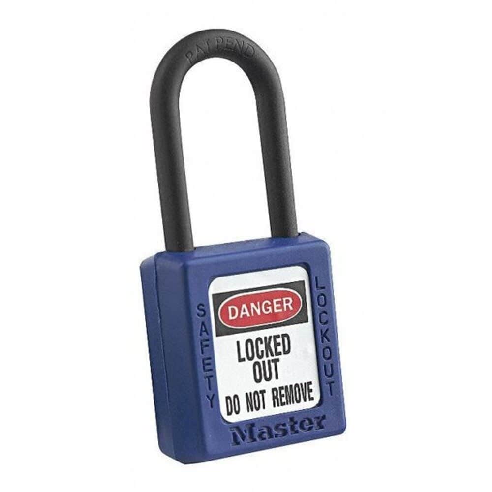 Master Lock Lockout Padlock Keyed Alike Thermoplastic Blue 1 1/2 in Shackle Height 1 1/2 in Body Width #406KABLU 4XX0004