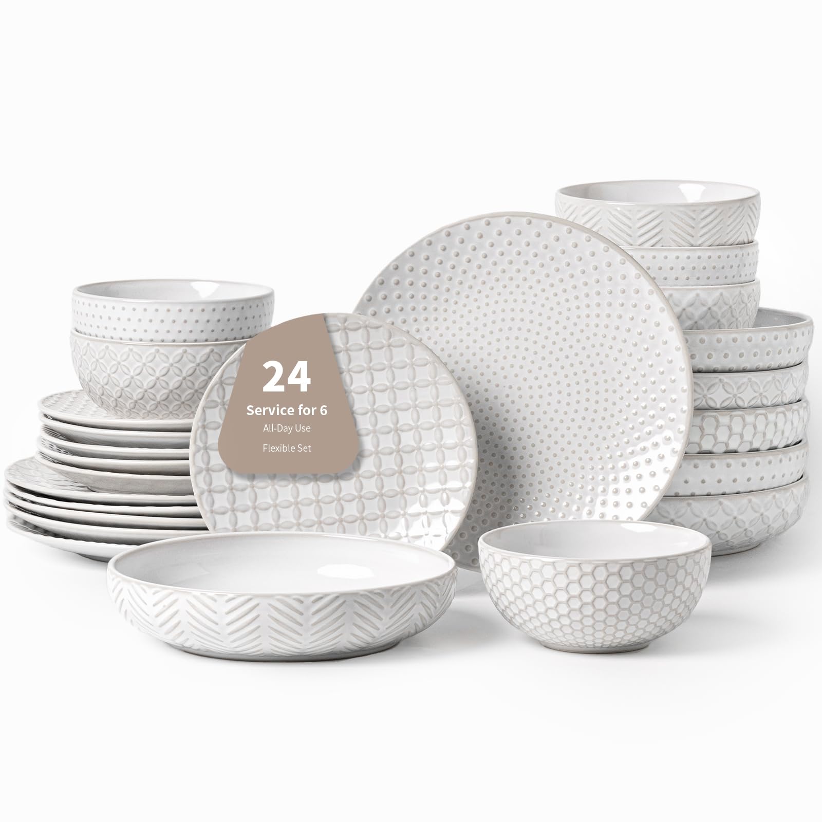 Aoibox  24 Piece Ceramic Dinnerware Set for 6 with Large Plates and Bowls Embossed Tableware for Family Dining