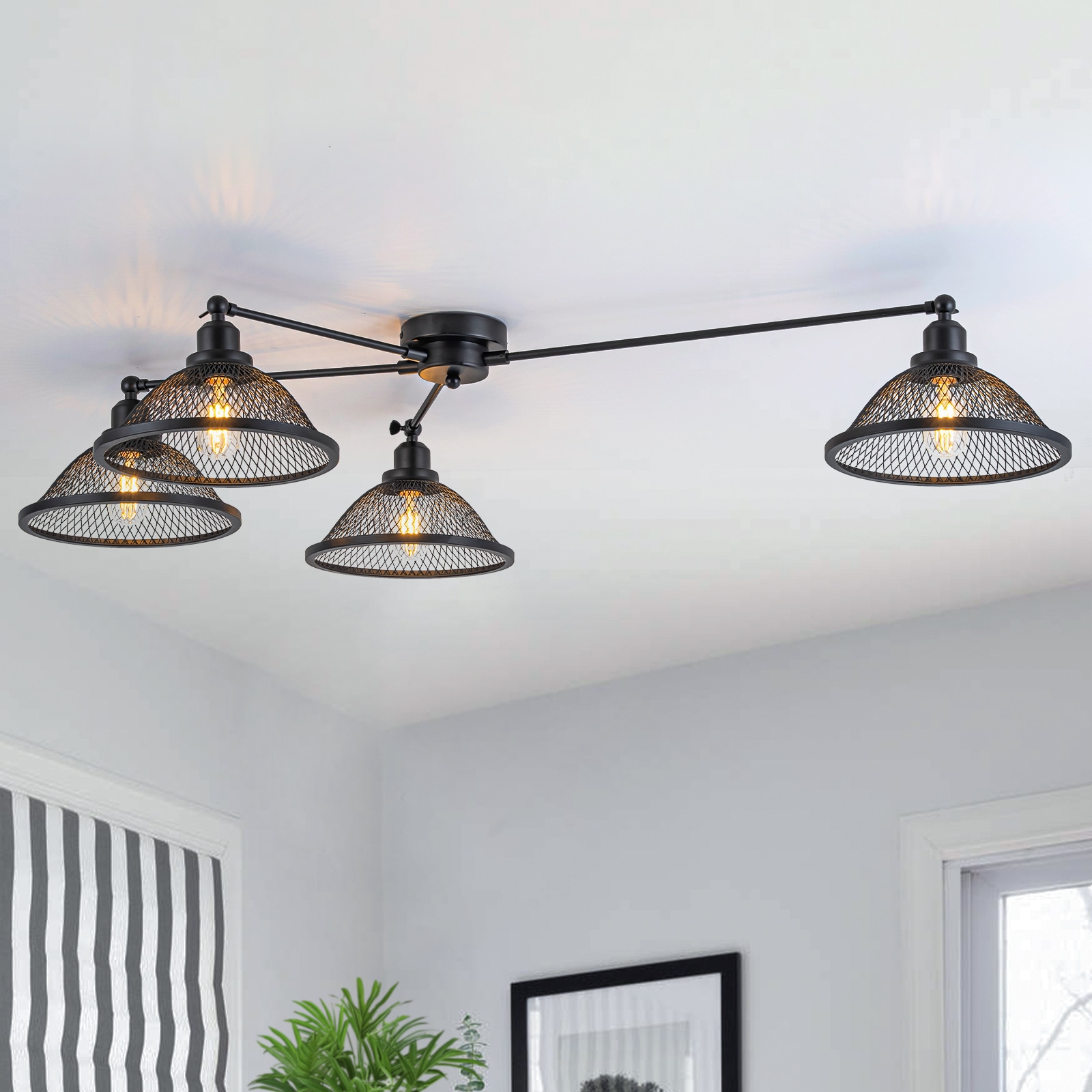 MENCOLULU Industrial Style Cone Shaped Iron Mesh Ceiling Lights 47.24-in Black Indoor 4 -Light Flush Mount Light Metal