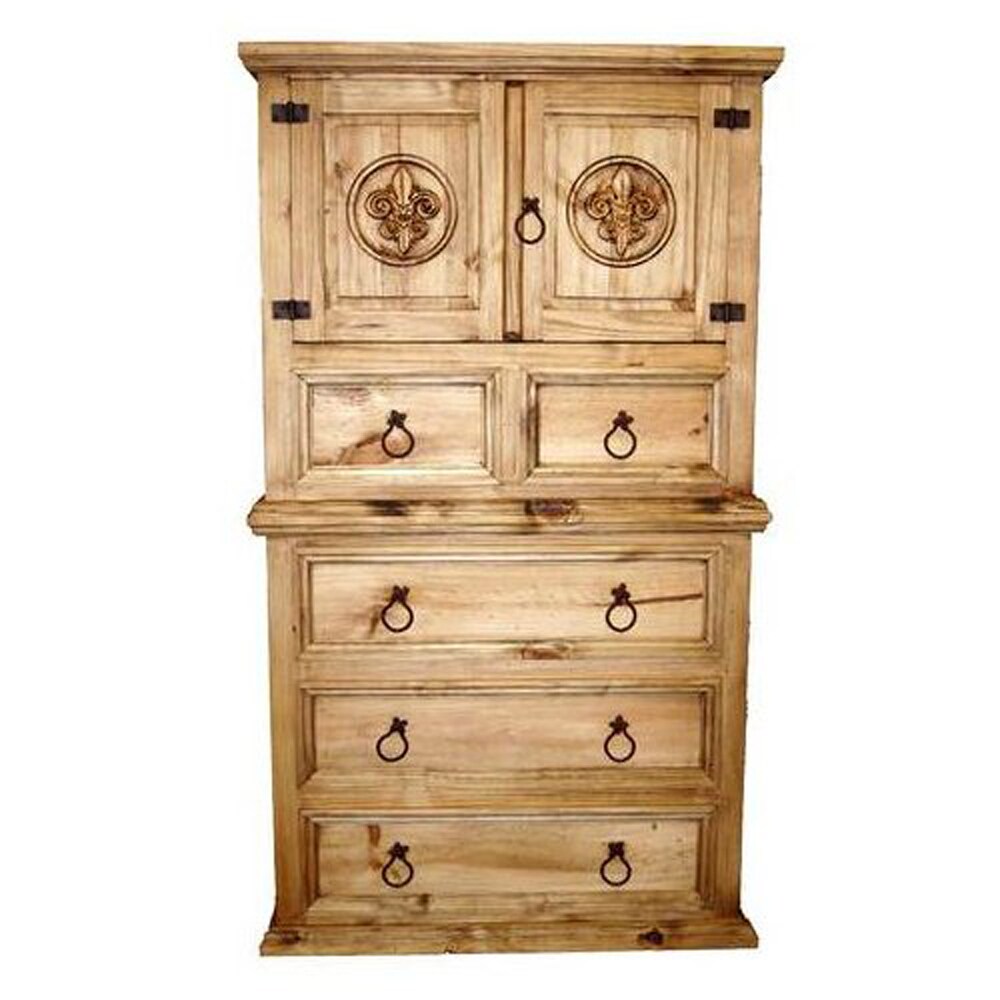 Million Dollar Rustic Mansion Fleur-De-Lis Natural Pine 4-Drawer Accent