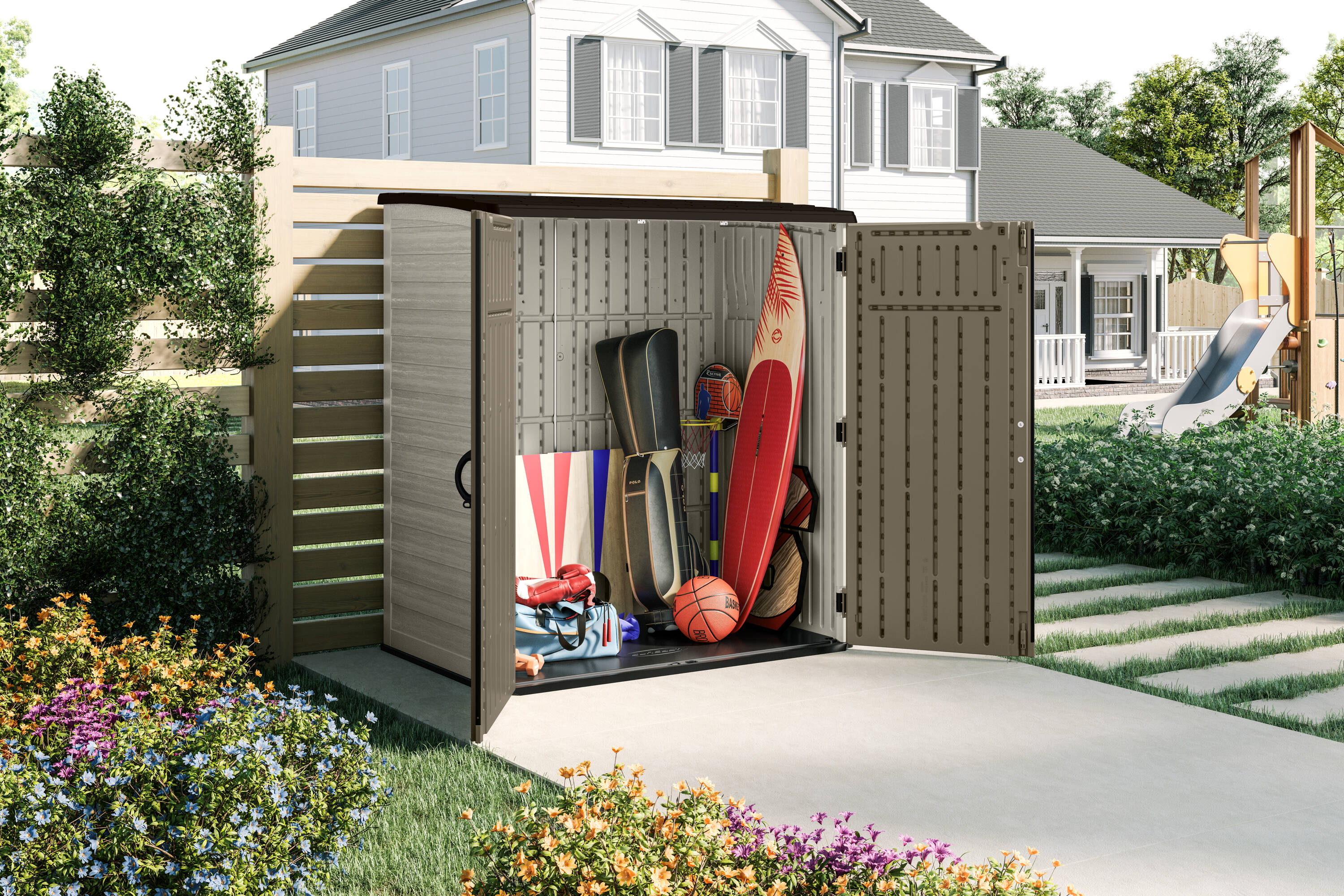Dark Taupe and Cobblestone Resin Vertical Storage Shed Kit