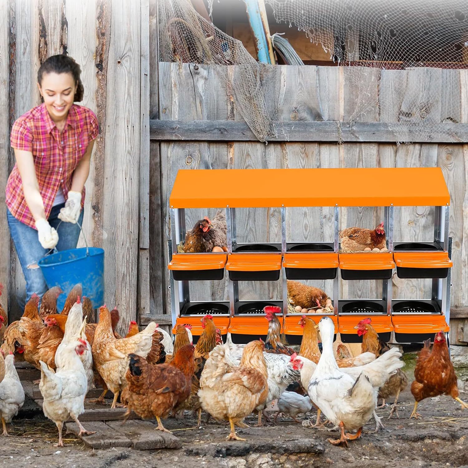 Qeetex GGL-PPG-33CX8L75 10-Hole Orange With Stand Chicken Nesting Box Roll-Away Egg Collection System with Ventilation Holes  Rustproof Plastic Tray Keyhole Mounting  Chicken Laying Box for Hen or Duck