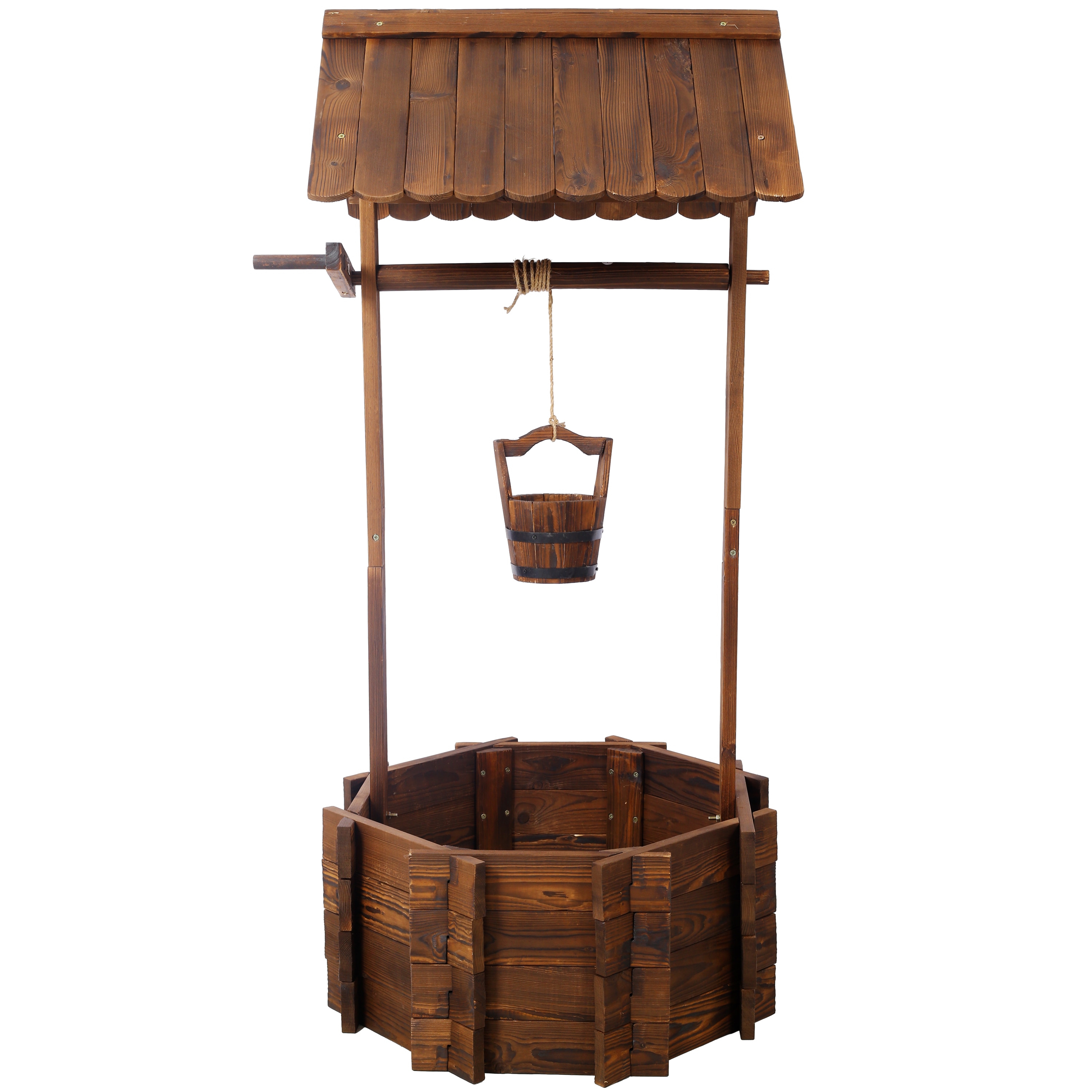 GDFStudio Evergrove Outdoor Garden 53 in. Rustic Farmhouse Wood Wishing Well Planter with Hanging Bucket - Brown
