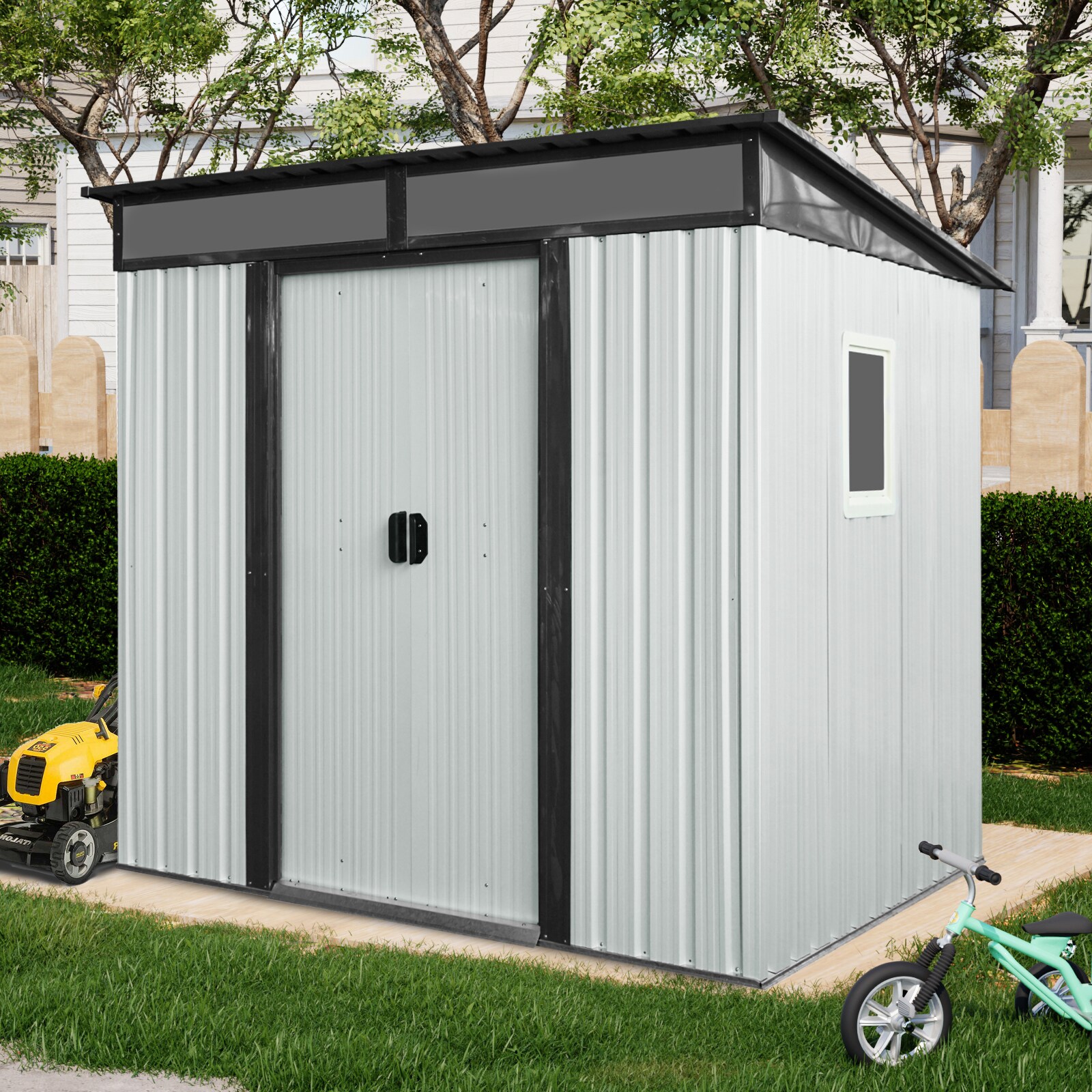 LOVMOR SF-M-W540P185302 6ft x 5ft Outdoor Metal Storage Shed with Window and Transparent plate for Garden Lawn White and Black