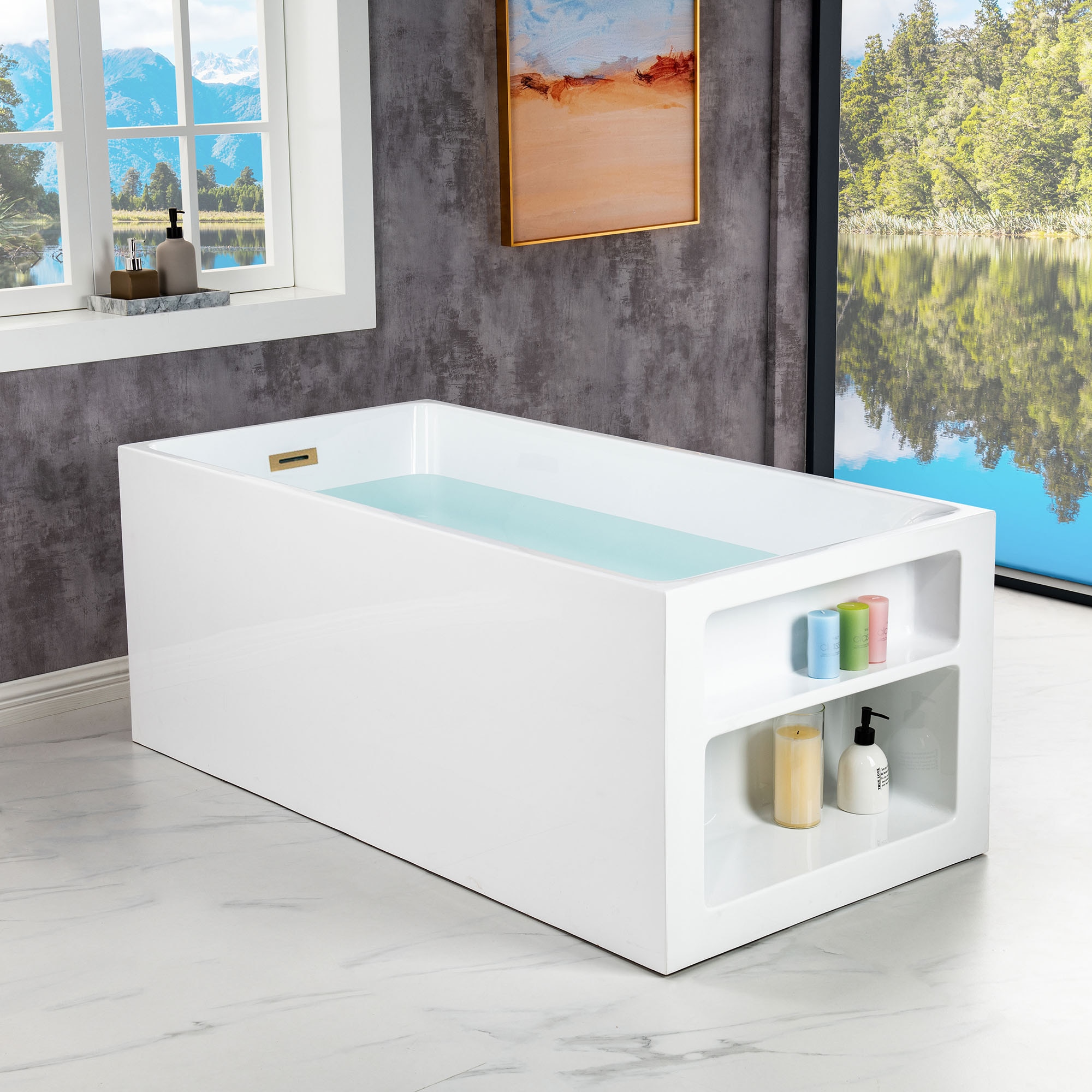 Woodbridge LB359 Bradbury 29.5-Inches x 59-Inches White with Gold Trim Acrylic Rectangular Freestanding Soaking bathtub Drain ( Reversible Drain )