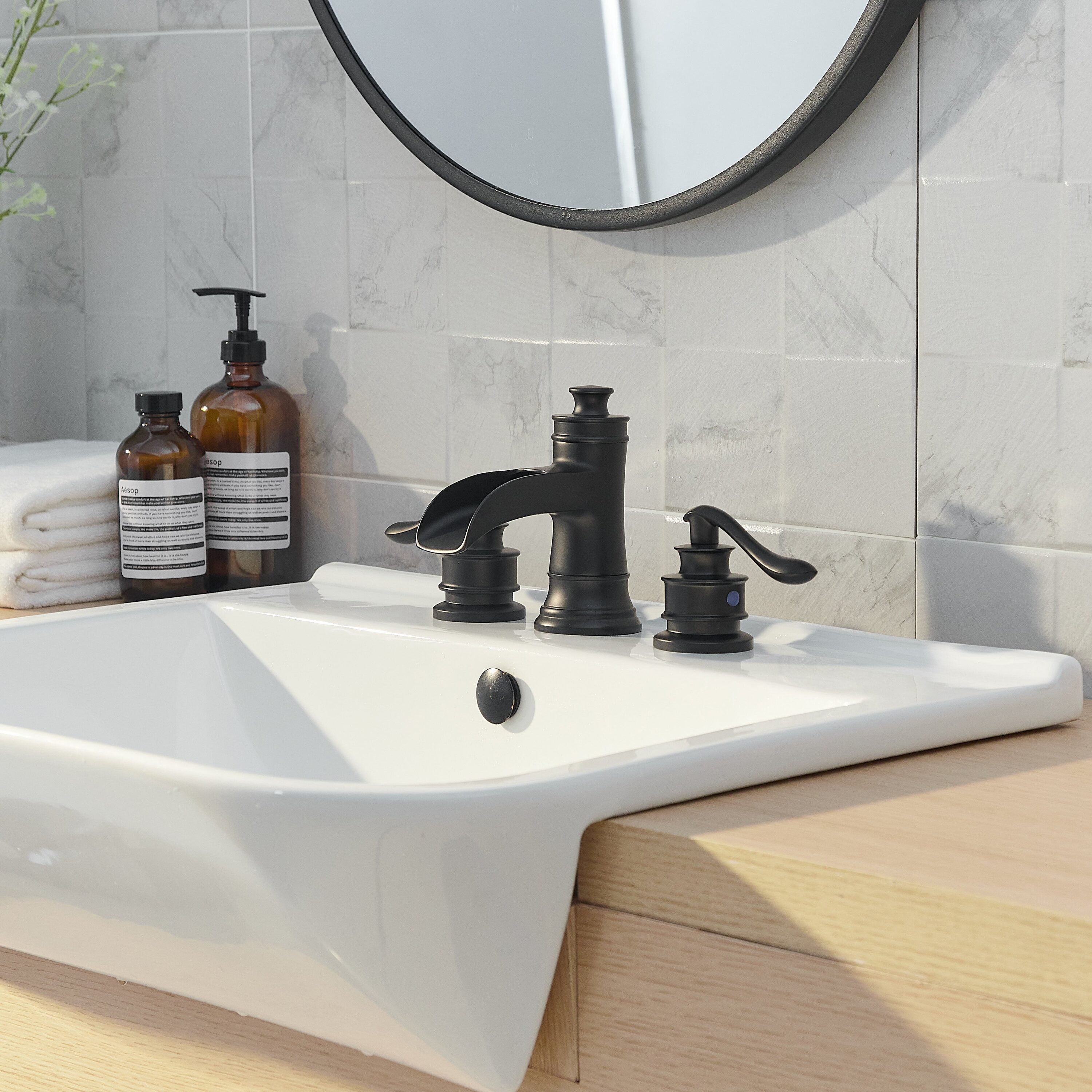 Boyel Living BWE-A-96556-S-B Waterfall 8 in. Widespread 2-Handle Bathroom Faucet with Pop-up Drain Assembly in Matte Black