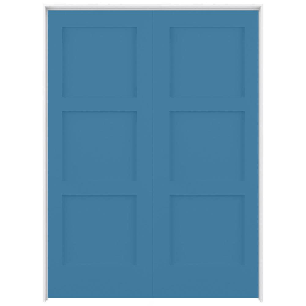 RELIABILT LO1369377 72-in x 80-in Blue Heron Solid core 3-panel square Reversible/Universal Smooth Prefinished Pine Wood Flat Jamb Double Prehung Interior Door