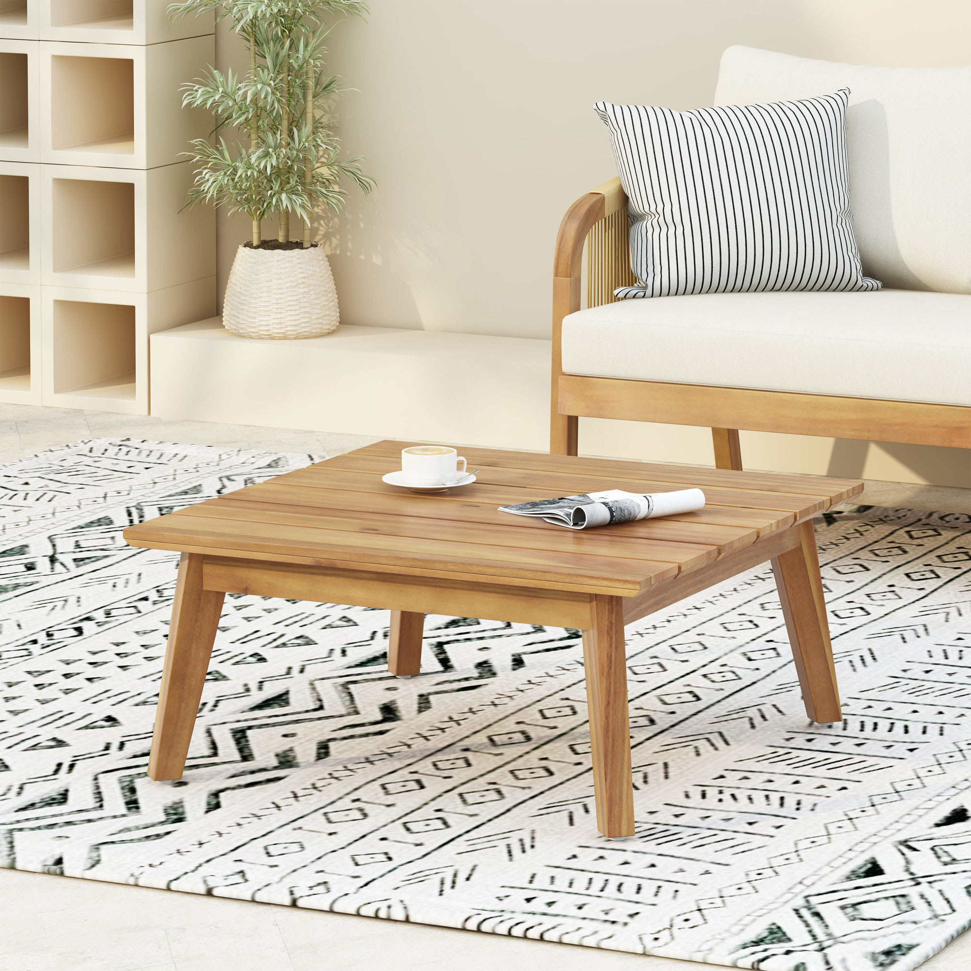 Aoibox - Acacia Wood Coffee Table Teak Finish Square Slat Design Indoor Outdoor Patio Deck Garde...