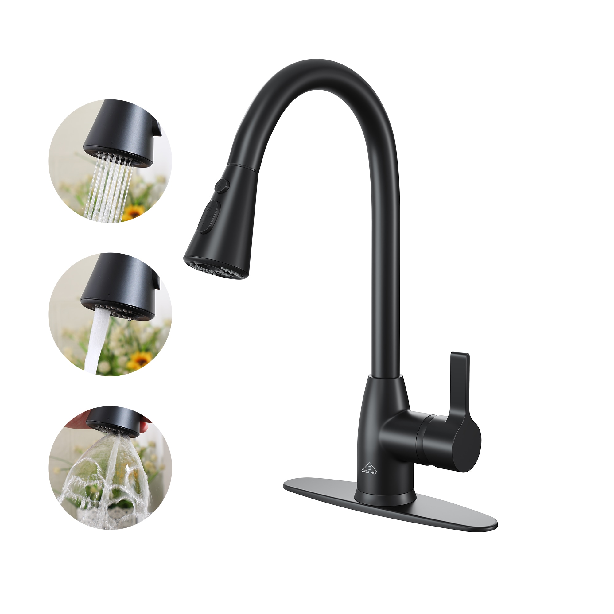 Mondawe MO-DT95028NS Matte Black Single Handle Deck-mount Pull-down Kitchen Faucet with Sprayer ( Deck Plate Included )