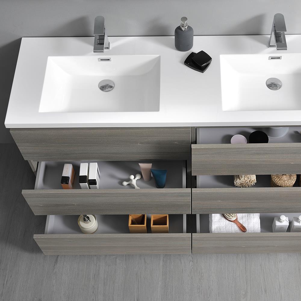 Gray Wood 72" Freestanding Double Sink Bathroom Vanity with Acrylic Top