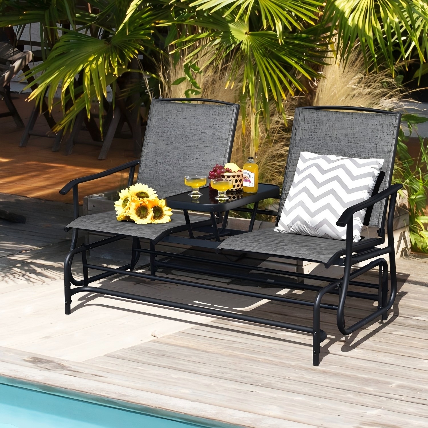 Forclover HBV-6981GN 2-Person Double Rocking Loveseat with Tempered Glass Table Set of 2 Gray Steel Frame Glider Rocking Chair with Gray Mesh Seat