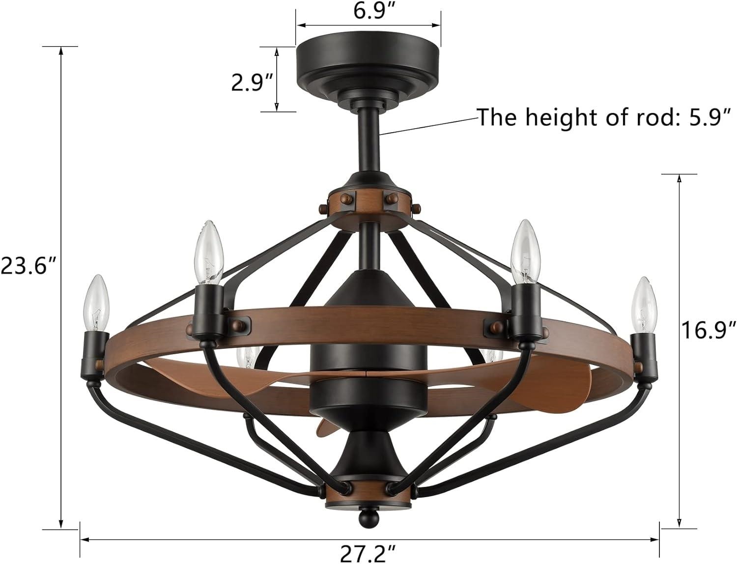 Claxy 23.6in Black and Wood Grain Rustic/Industrial Metal Ceiling Light Mount in the Ceiling