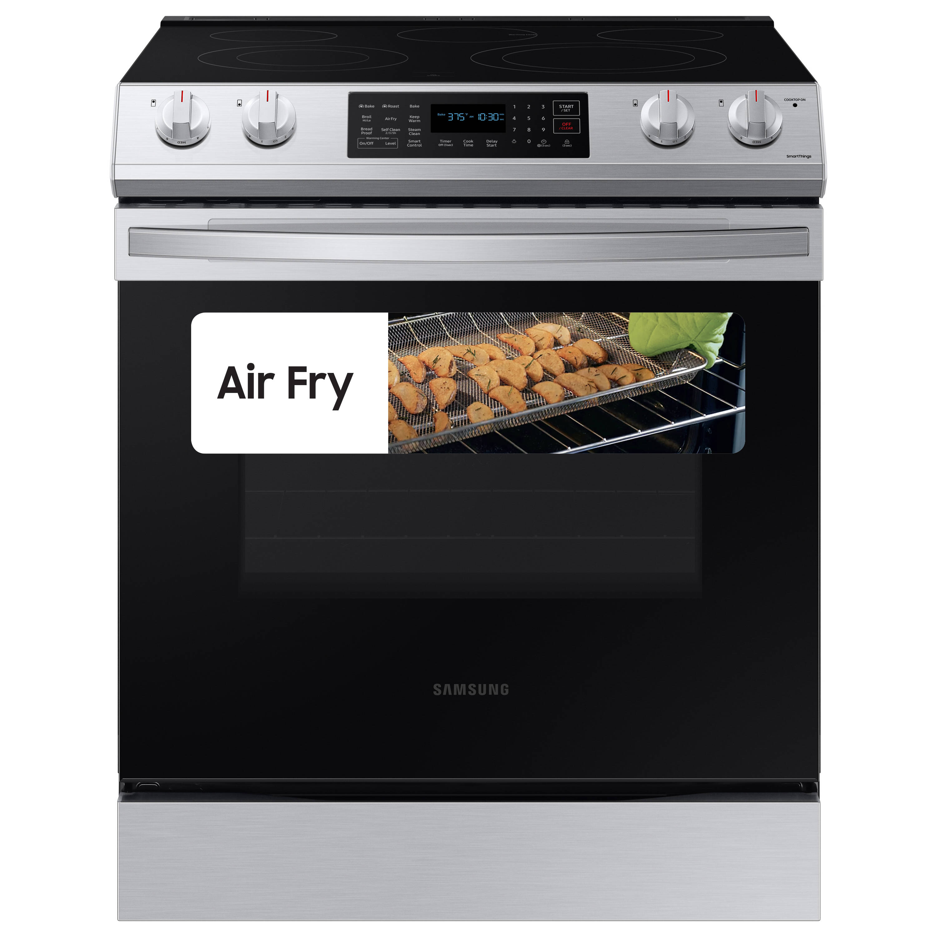Samsung 30-in Glass Top 5 Elements 6.3-cu ft Self-Cleaning Air Fry  Convection Oven Slide-in Smart Electric Range (Fingerprint Resistant  Stainless