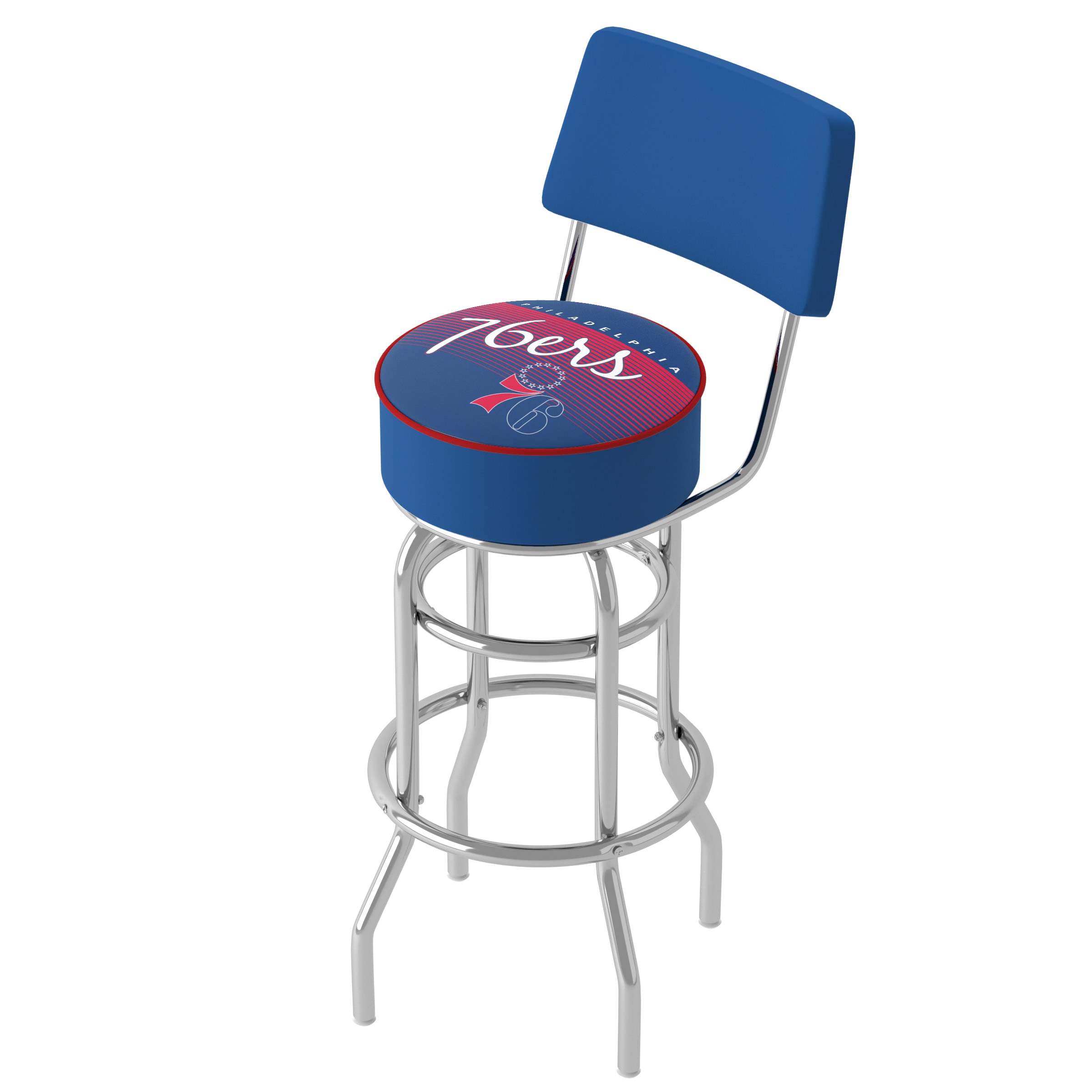 Trademark Gameroom NBA1100HC-P76-TWN Philadelphia 76ers Philadelphia 76Ers 31-in H Bar height (28-in to 33-in) Round Seat Upholstered Swivel Metal Back Bar Stool Back