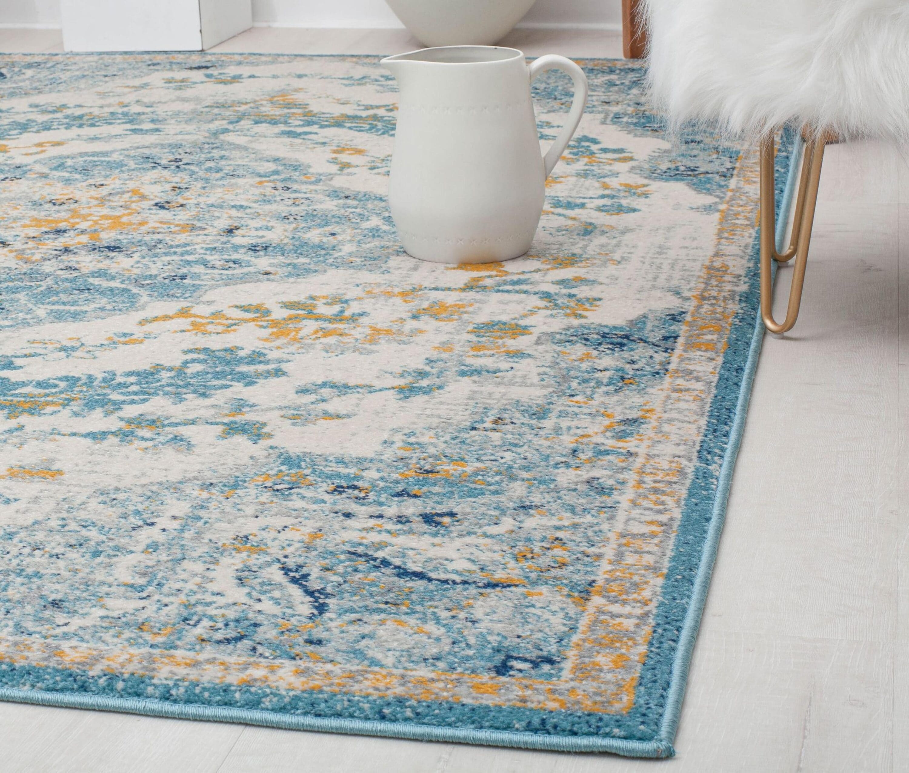 Ivory and Blue Rectangular Synthetic Vintage Area Rug, 5' x 7'