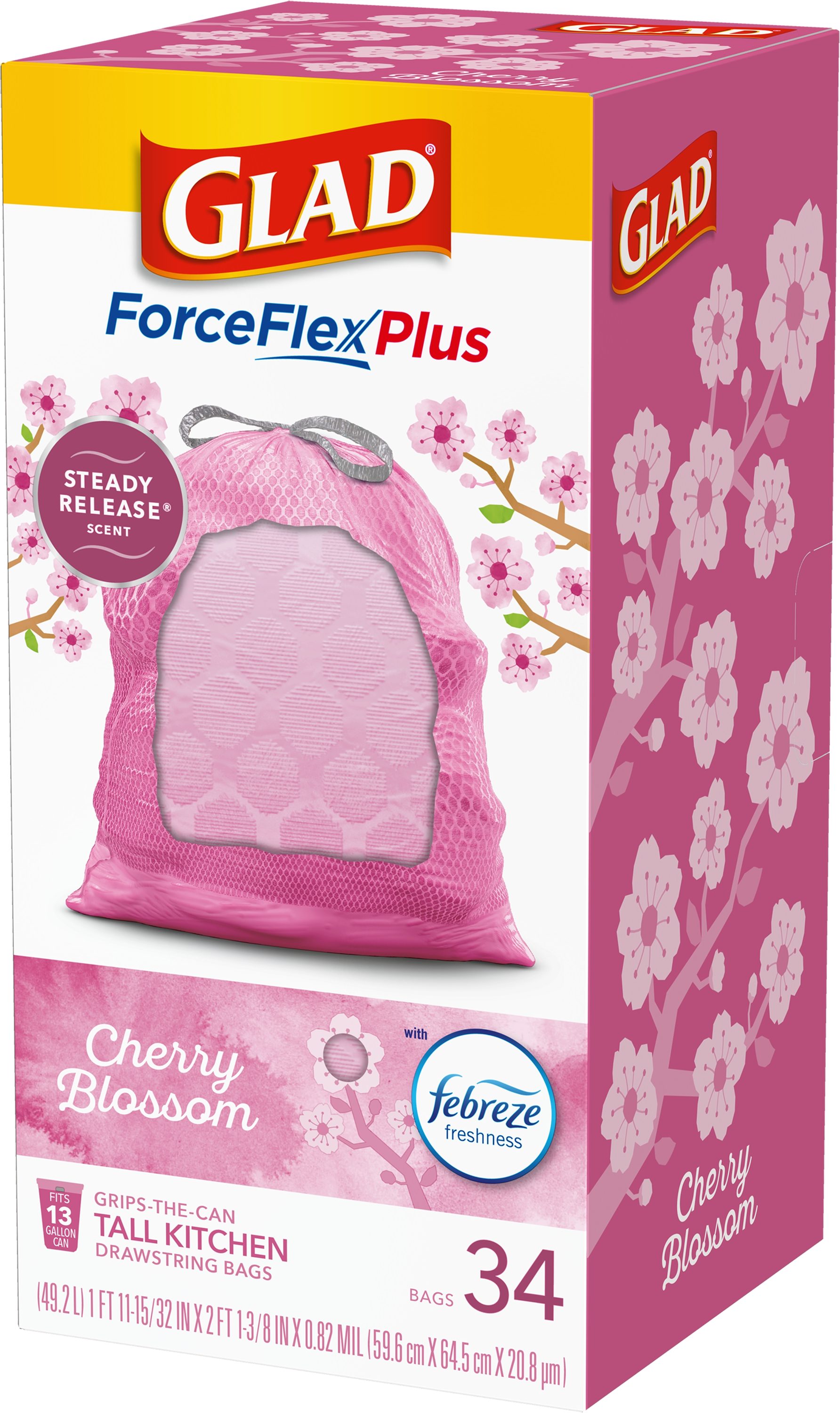  Glad ForceFlex MaxStrength Tall Kitchen Drawstring Trash Bags,  13 Gallon, Cherry Blossom with Febreze Freshness, 90 Count : Health &  Household