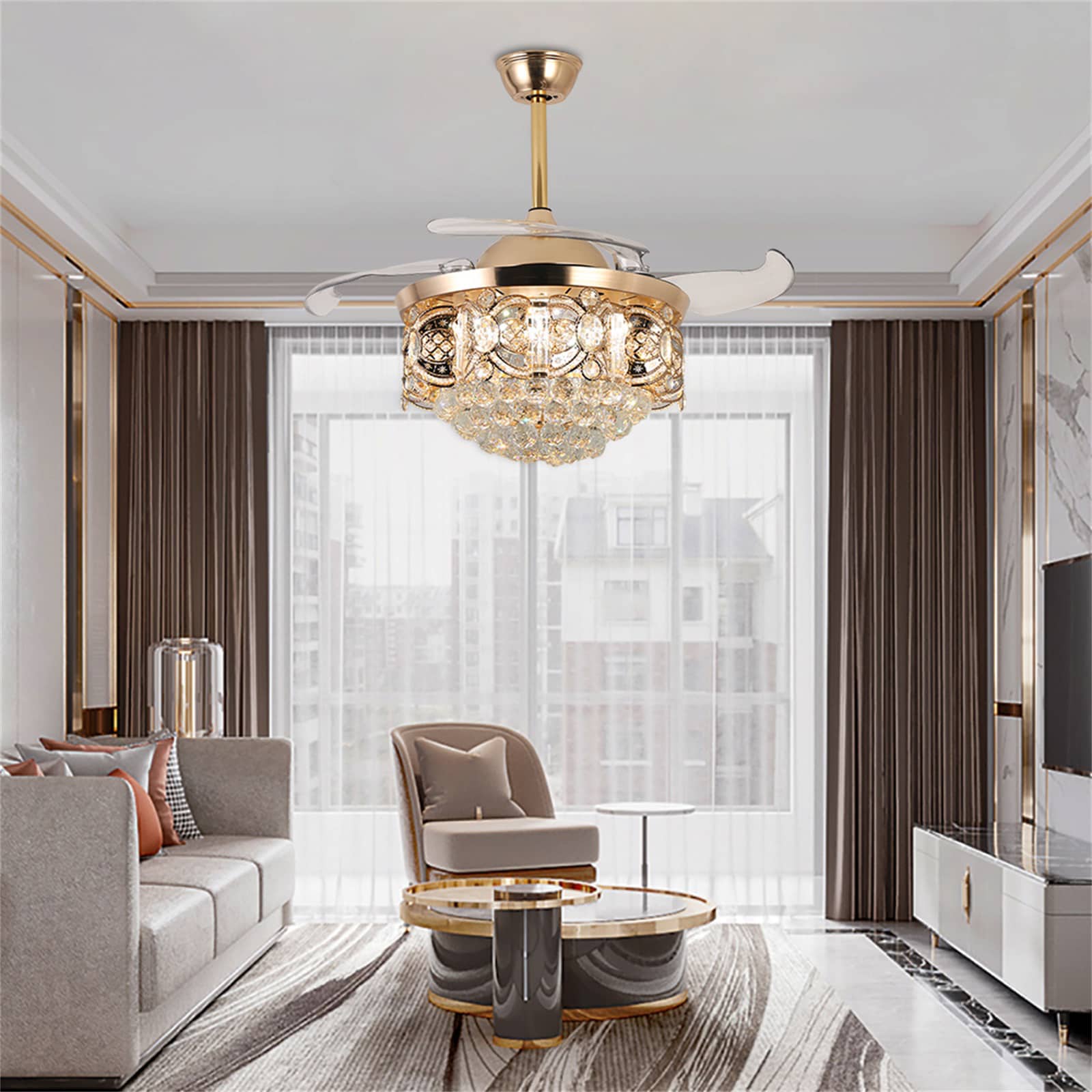 Gold Crystal 42'' Retractable Blade Ceiling Fan with Remote