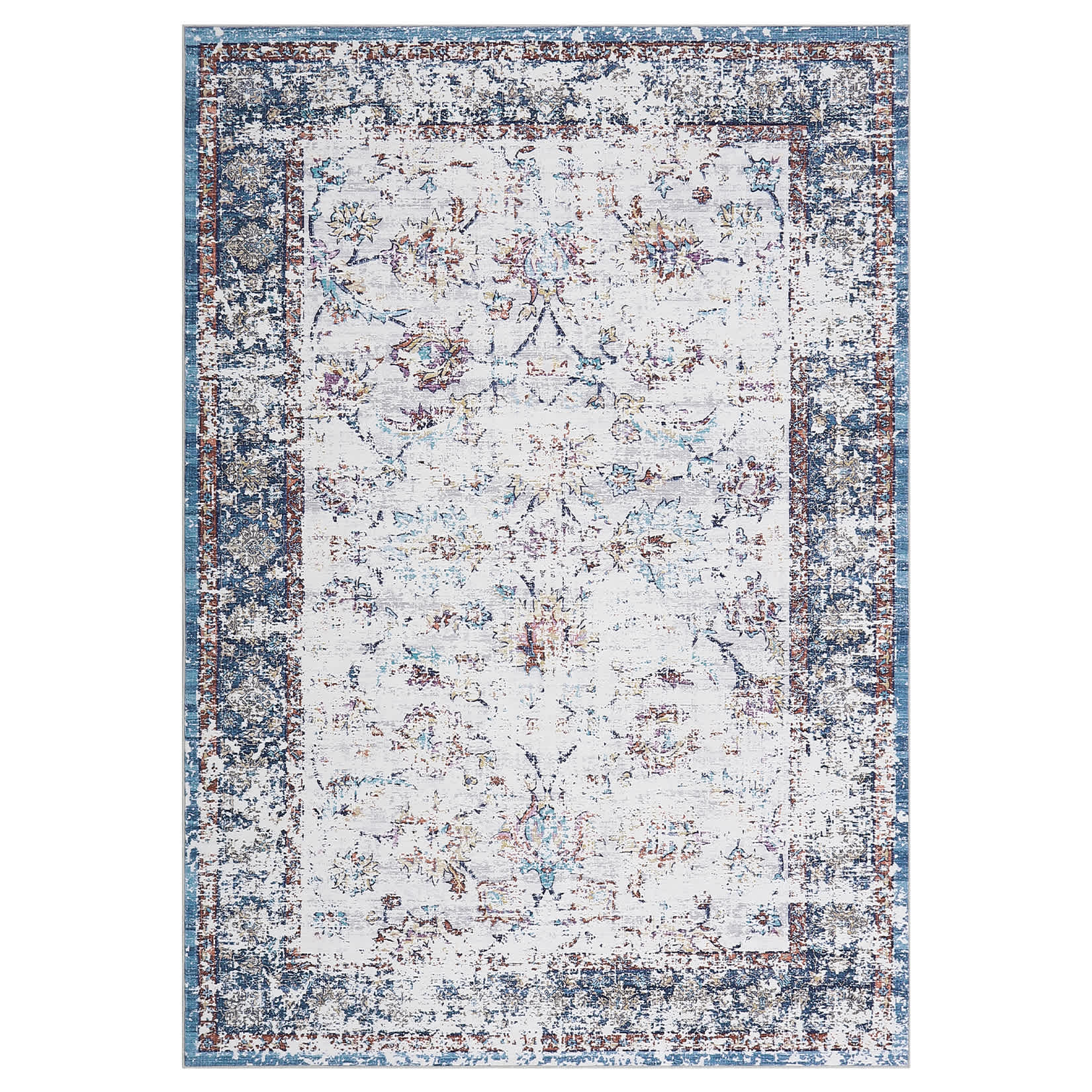 Qeetex SUNNY-PHO-334RK6MJ 9 x 12 ft Polyester Multi Color Rectangular Living Room Bedroom Dining Room Distressed Floral Print Vintage Machine Washable Area Rug