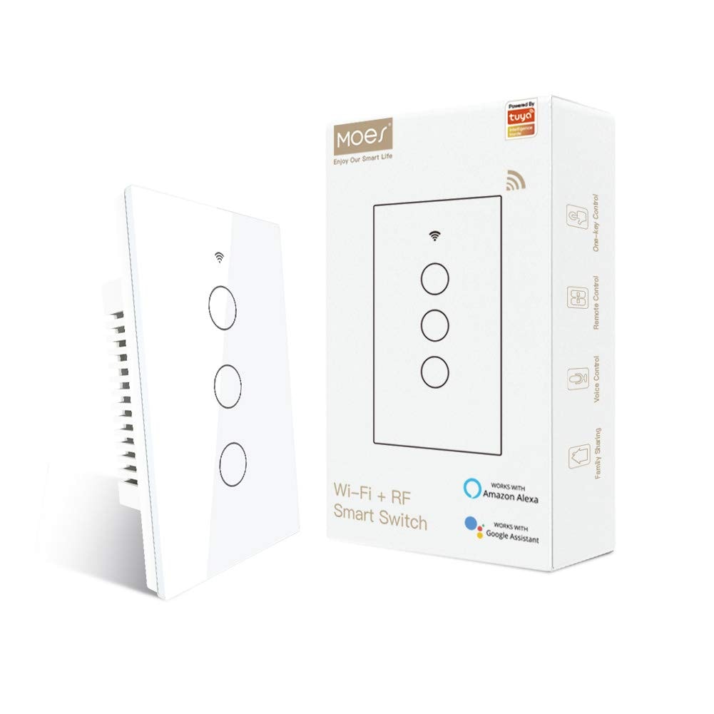 MOES  WiFi Wall Touch Smart Switch Neutral Wire Required 3 Way Multi Control Glass Panel Light Switch Work with Smart Life Tuya App RF433 Remote Control Alexa and Google Home White 3 Gang