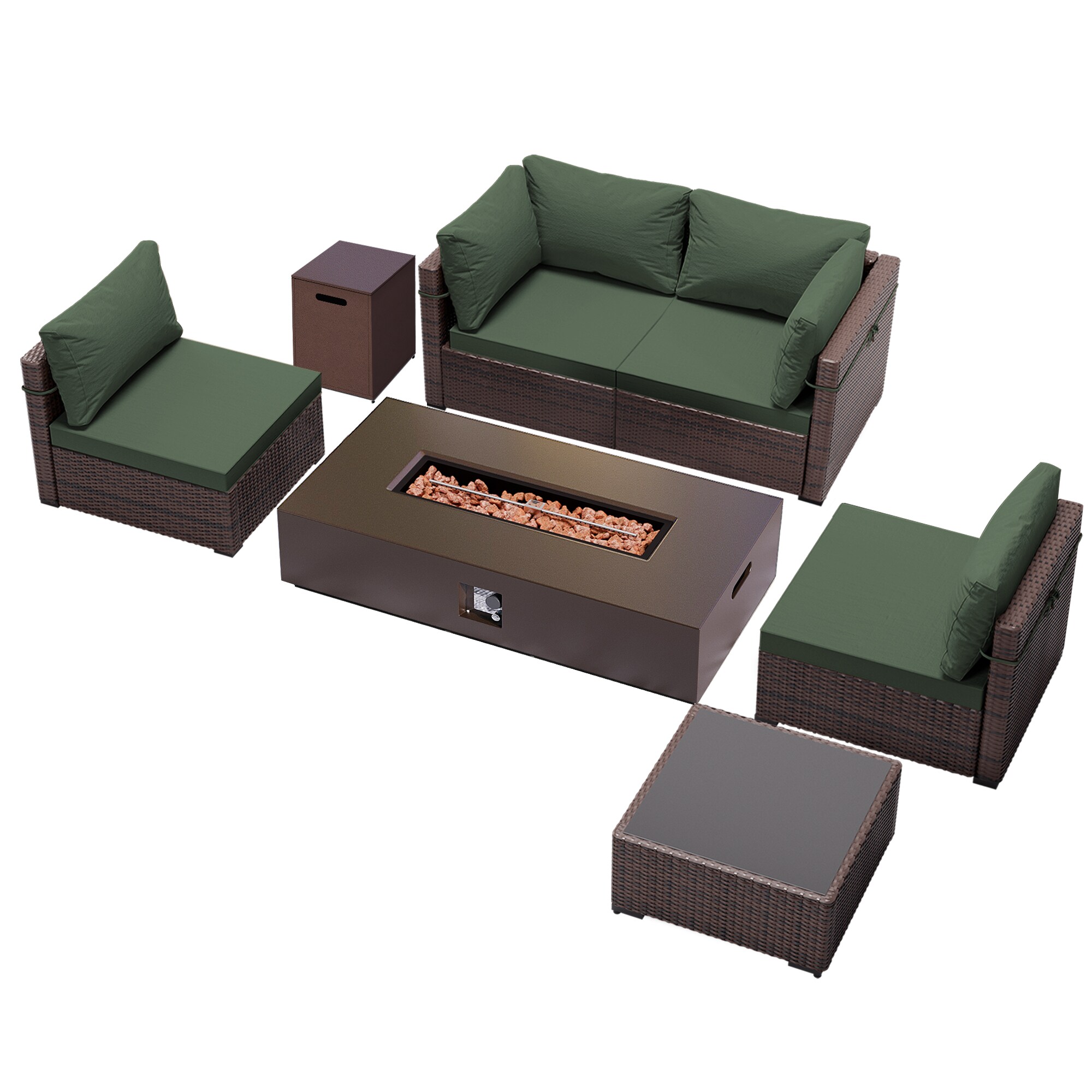 Patio Watcher LS-RT5-KD56BR-B2 6 -Piece Rattan Patio Conversation Set with Green Cushions