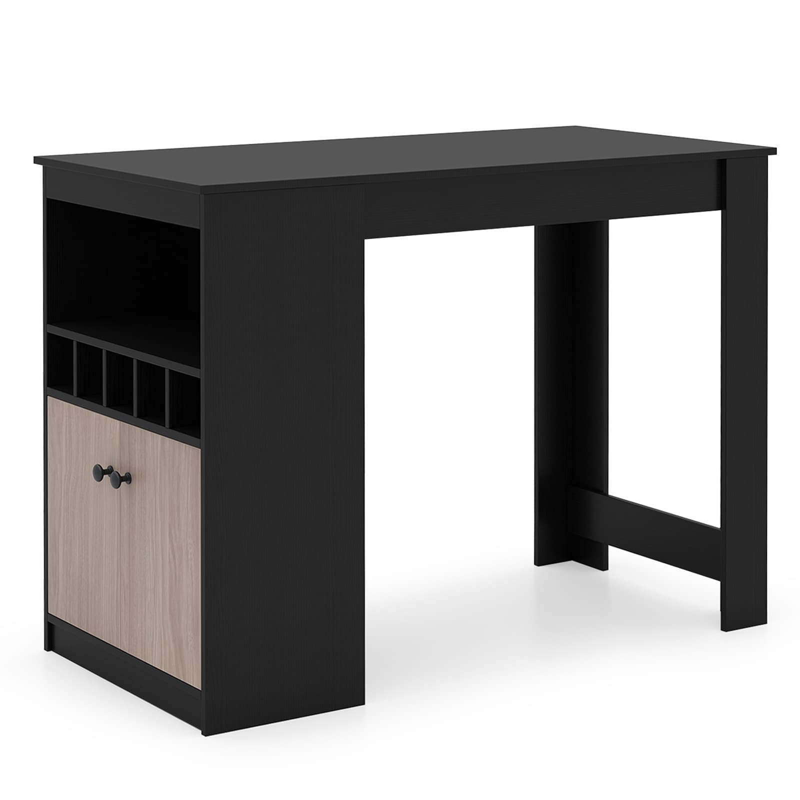 Slickblue Black Rectangular Bar Fixed Table Engineered Wood Top with Storage Cabinet and Wine Rack for kitchen and dining spaces- 24 Inch L x 36 Inch H
