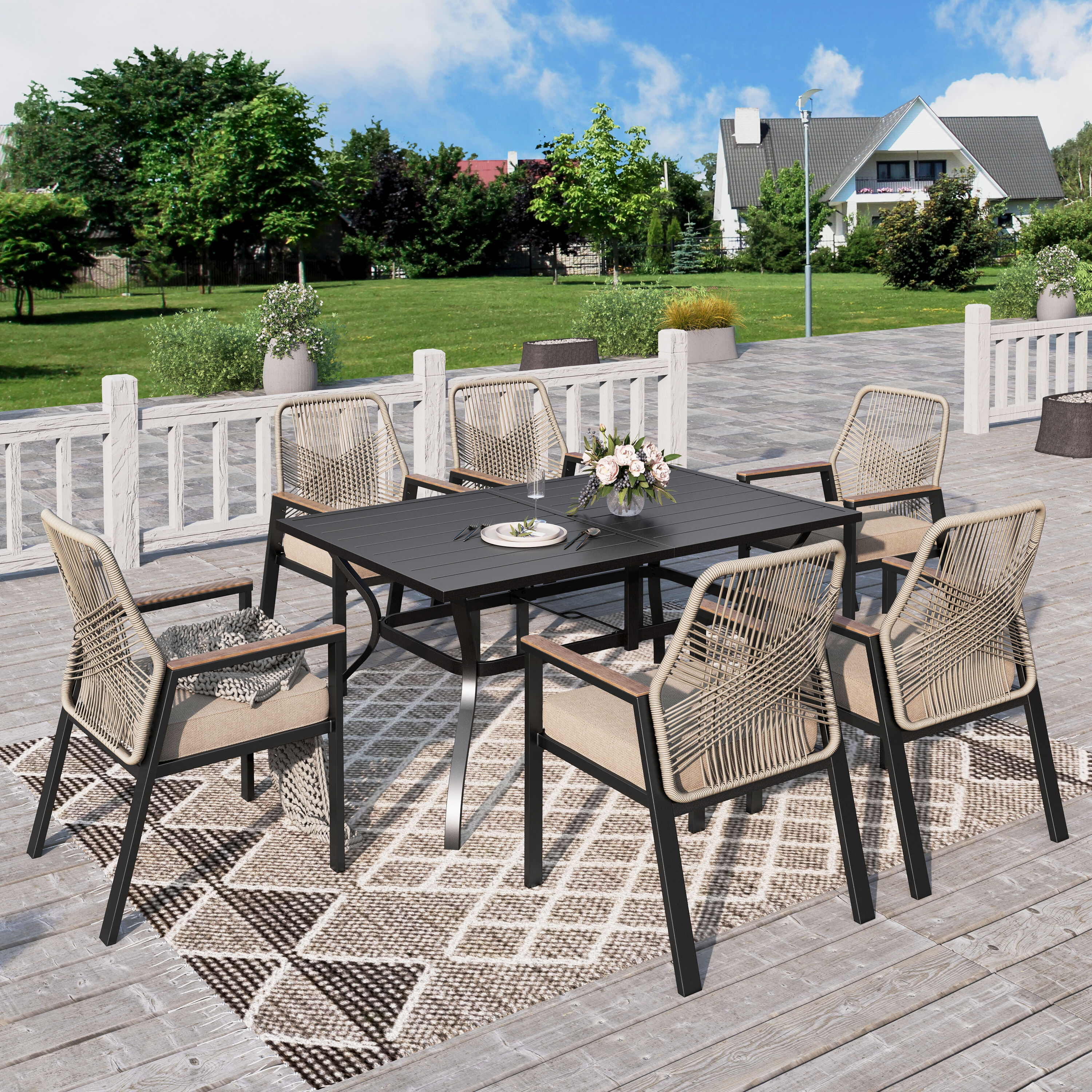 Sunshine Valley - Outdoor Table and Chairs 7 -Piece Black Patio Dining Set Steel Rectangle Table ...